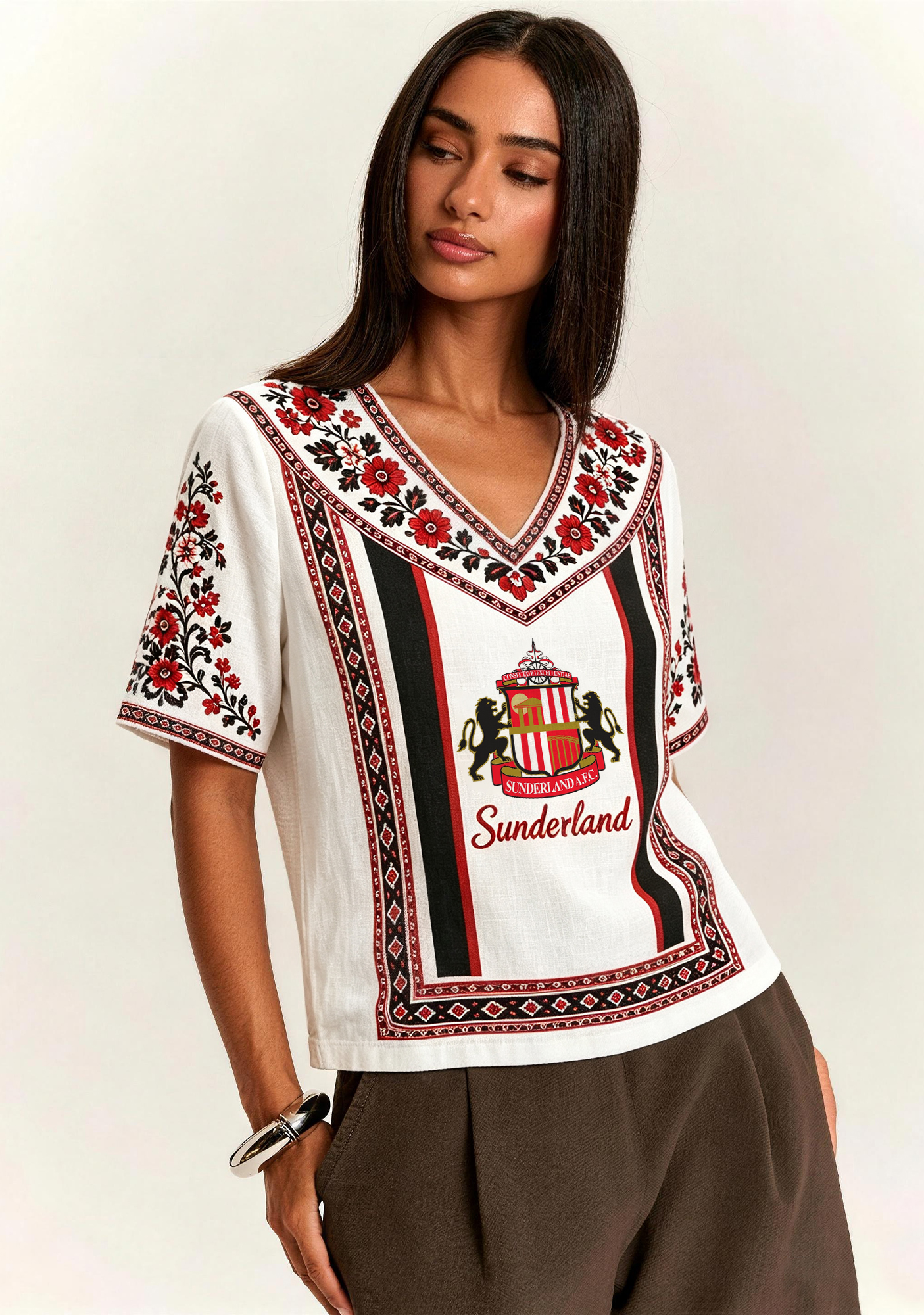 Boho Floral Border V-Neck Blouse