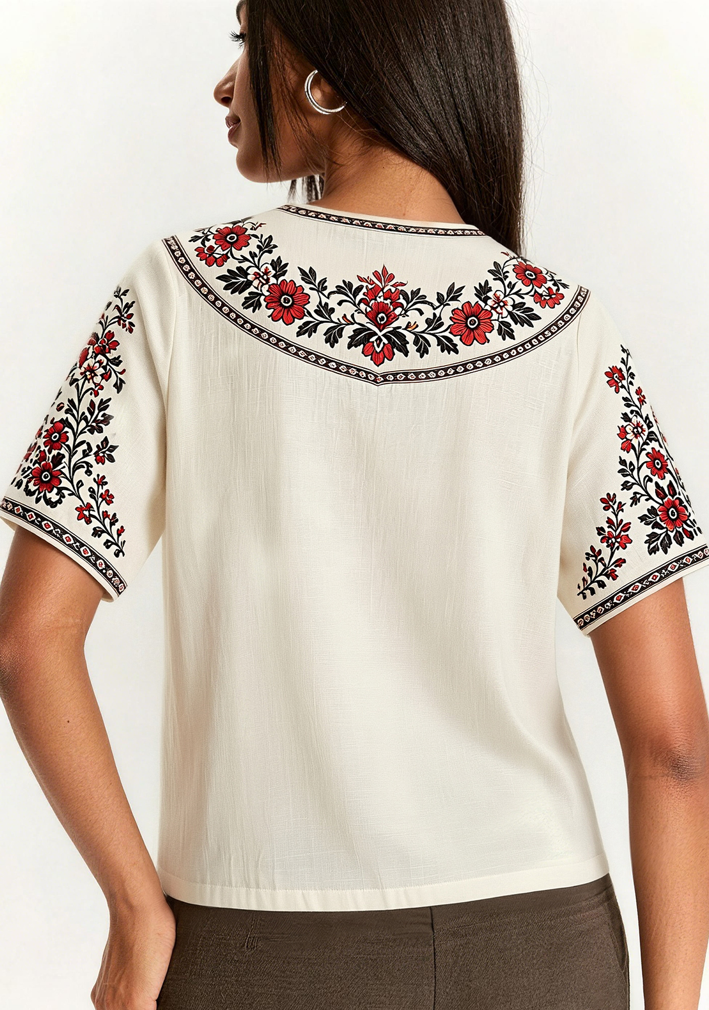 Boho Floral Border V-Neck Blouse