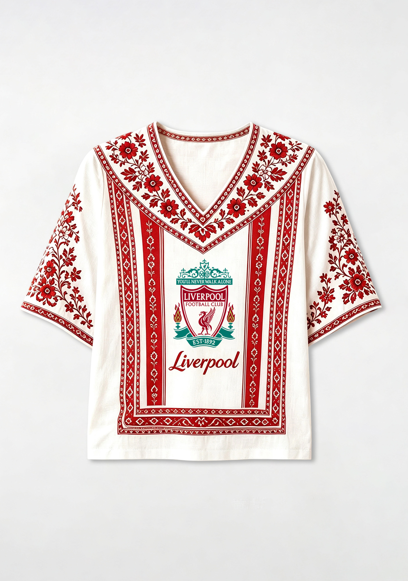 Boho Floral Border Liverpool V-Neck Blouse