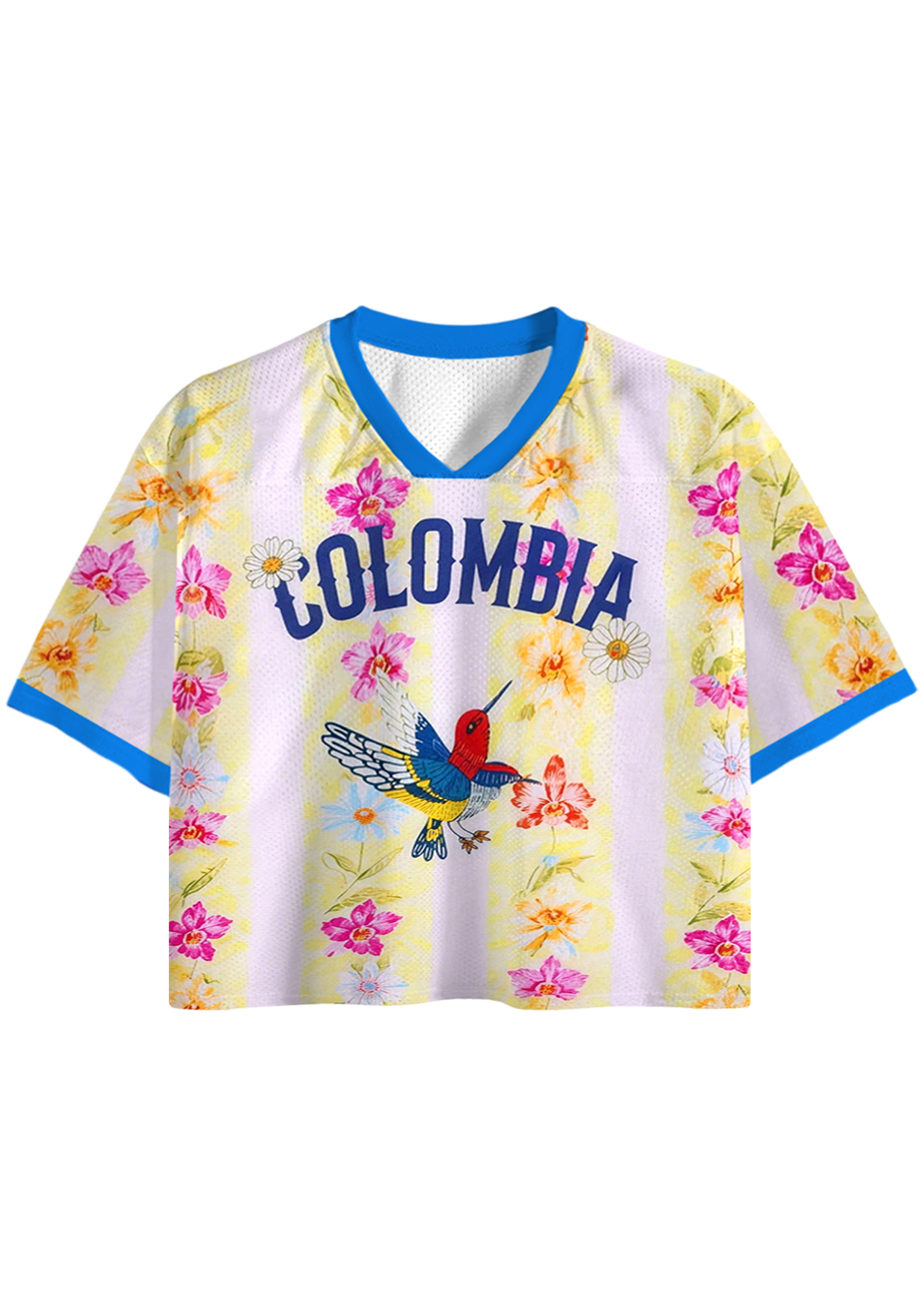 Vintage Tropical Hummingbird Orchid Cropped Jersey Shirt