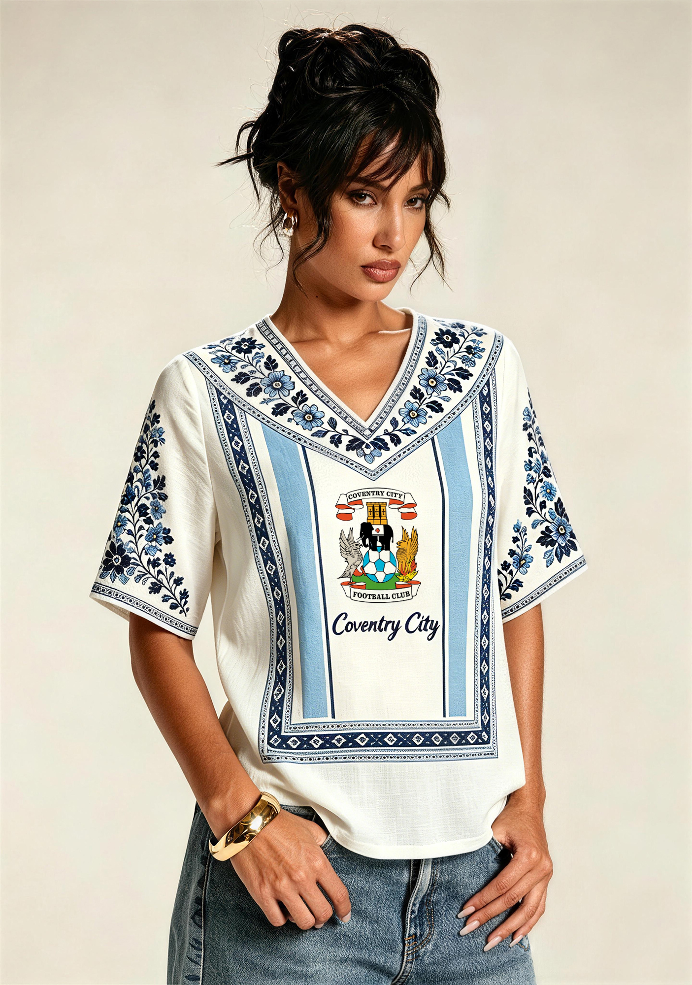 Boho Floral Border Coventry City V-Neck Blouse