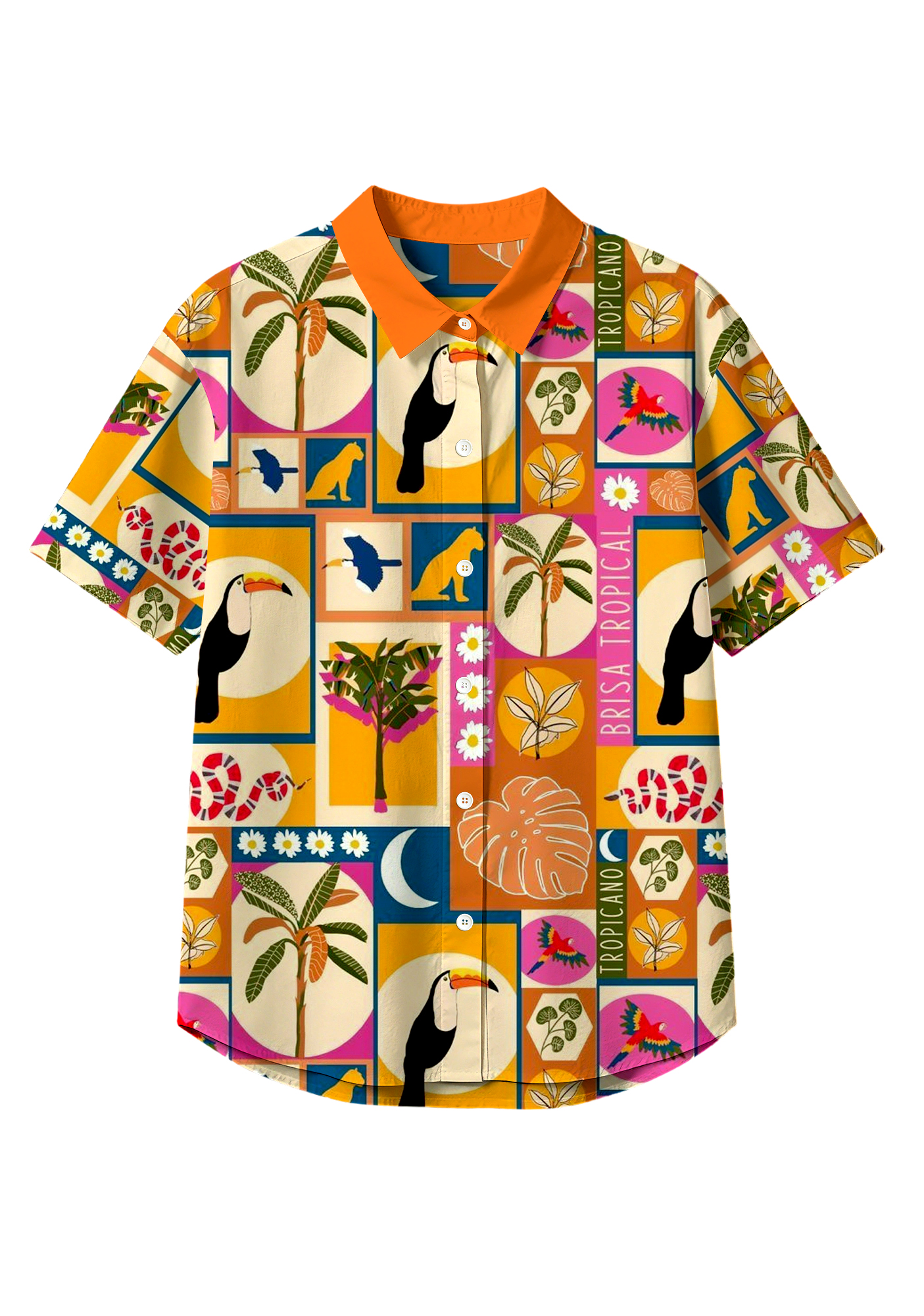 Geometric Tropical Toucan Button Up Hawaiian Shirt
