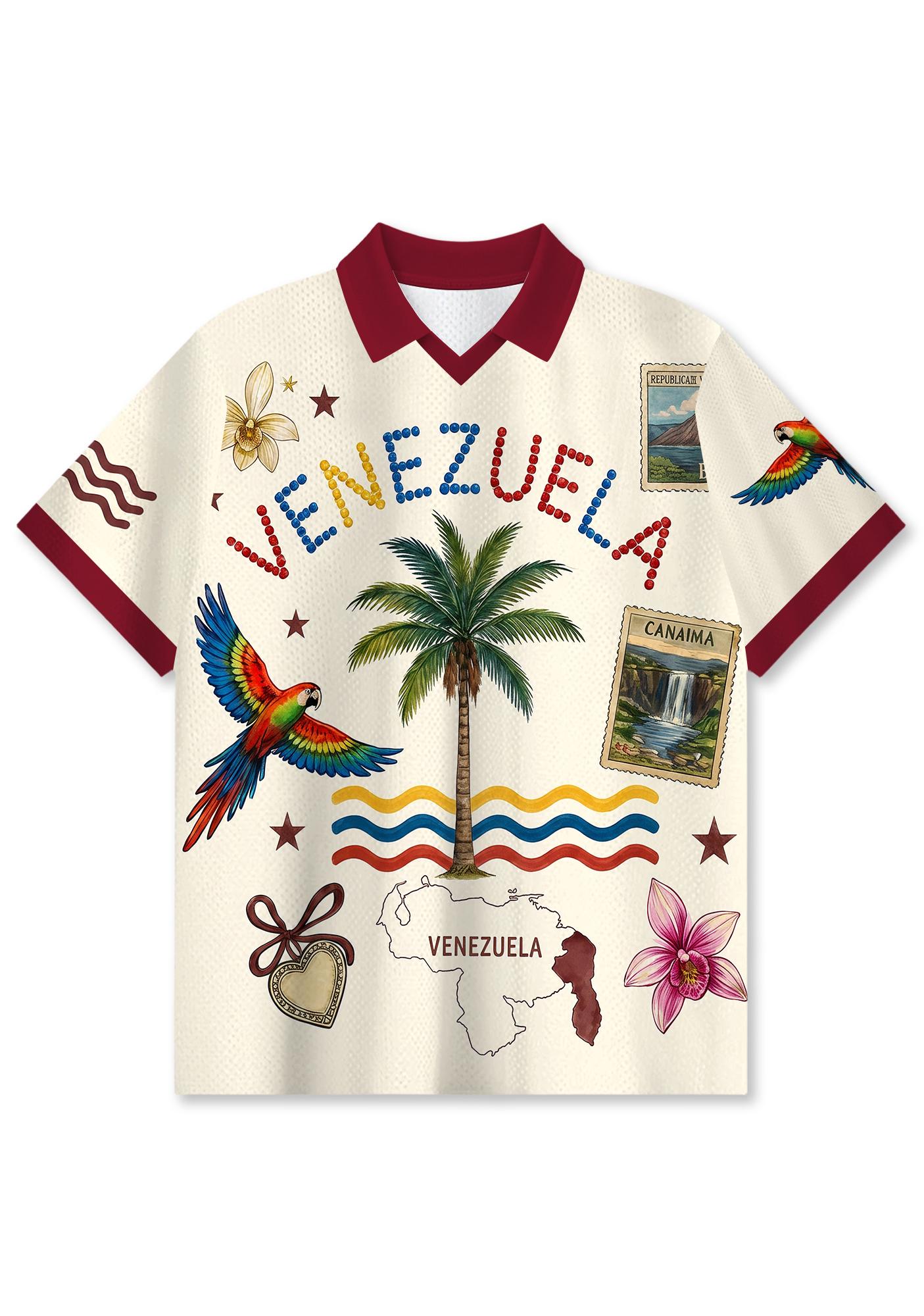 Tropical Venezuela Parrot Stamp Travel Collared Mesh Jersey Shirt