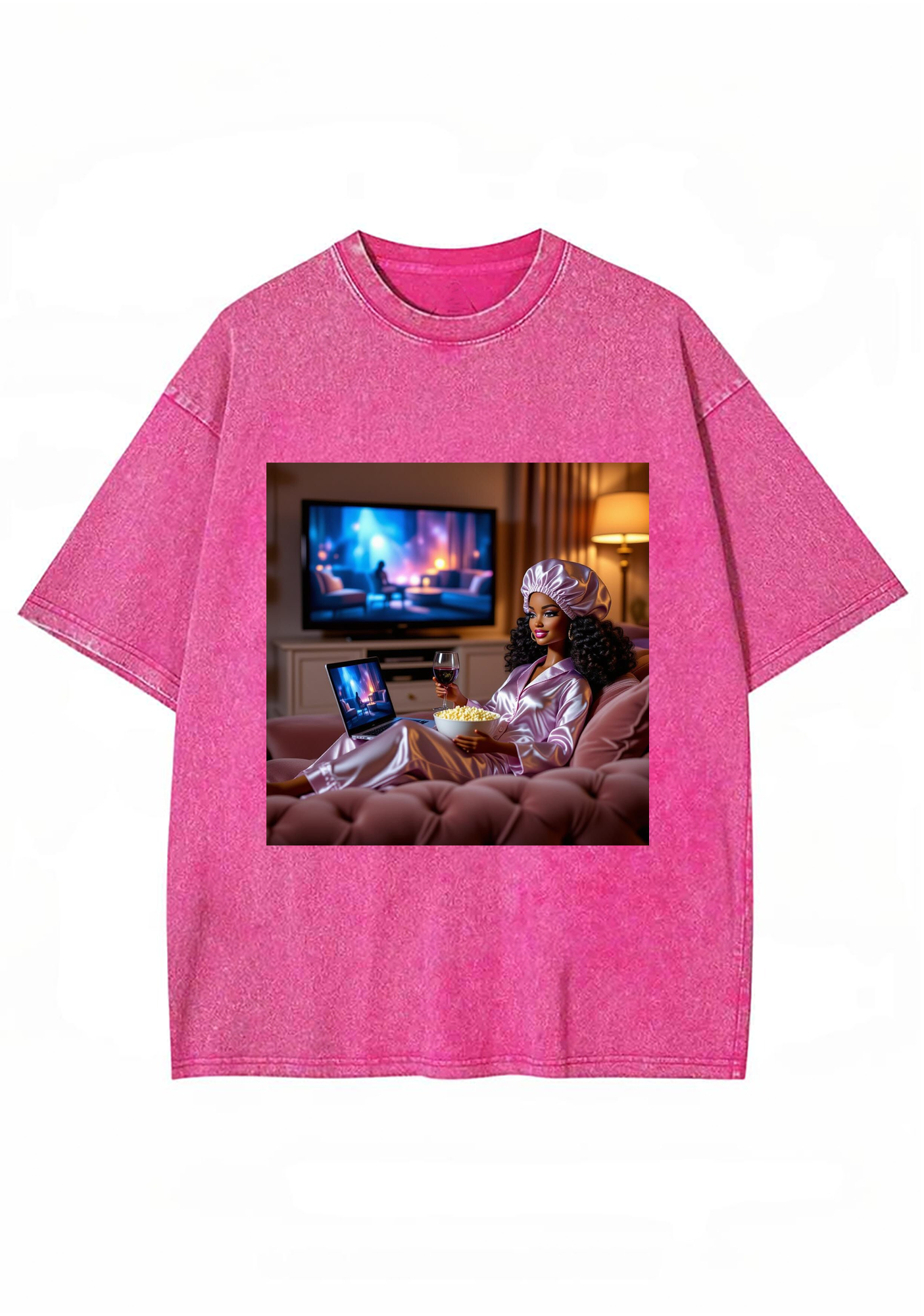 Cozy Night In Black Barbie Wine Movie Night Y2K Washed Tee