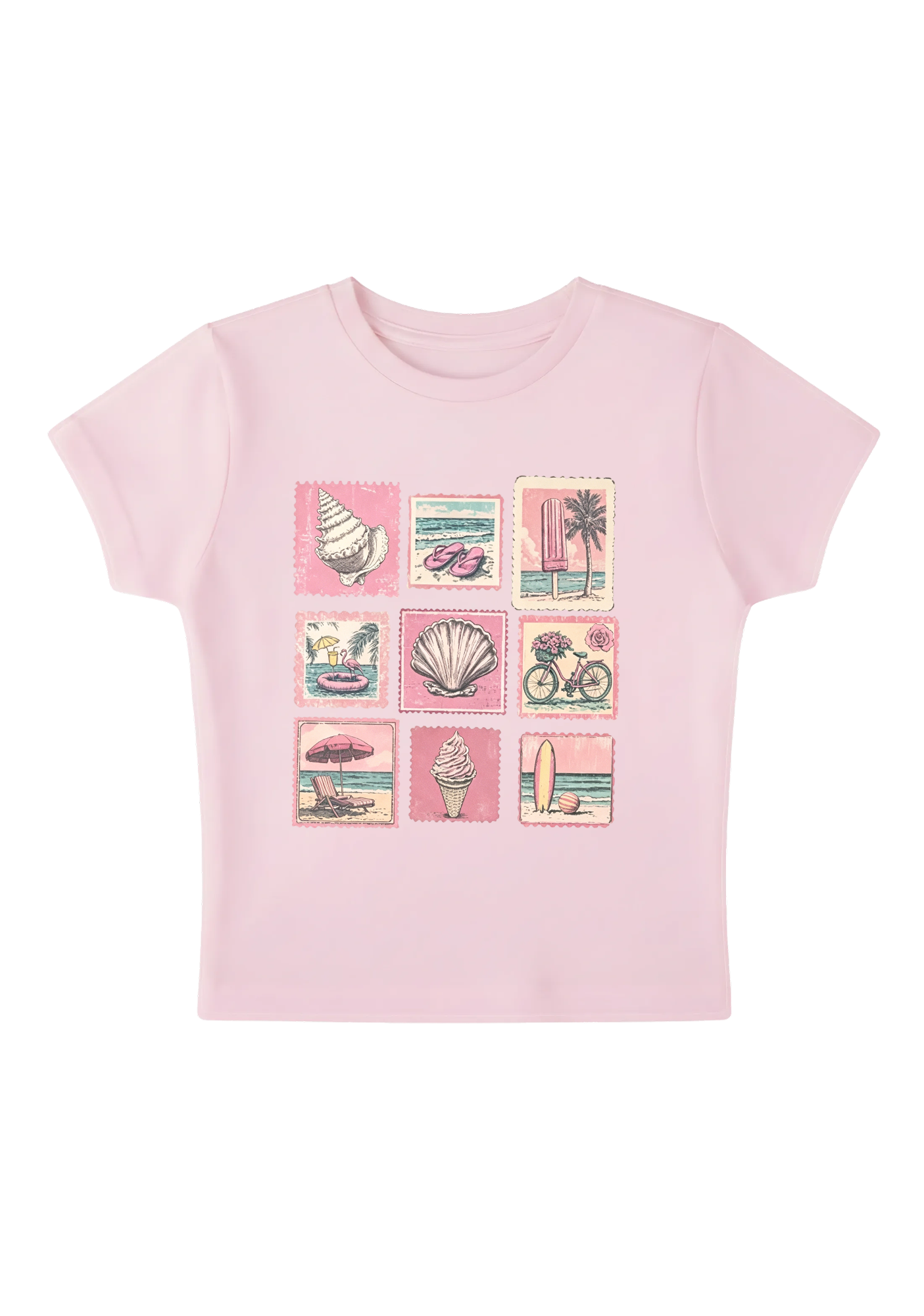 Vintage Pink Beach Stamp Collage Y2K Baby Tee