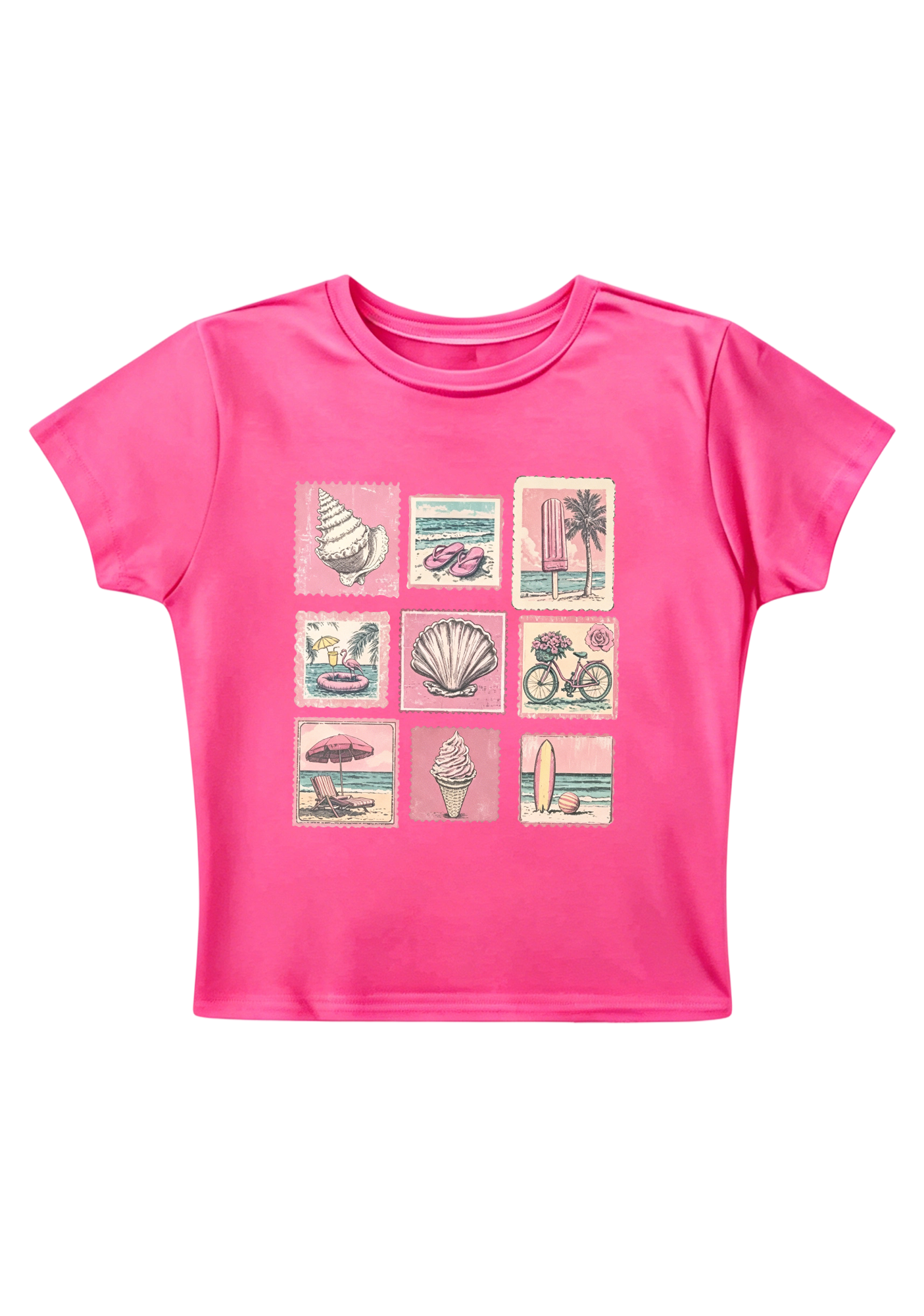 Vintage Pink Beach Stamp Collage Y2K Baby Tee
