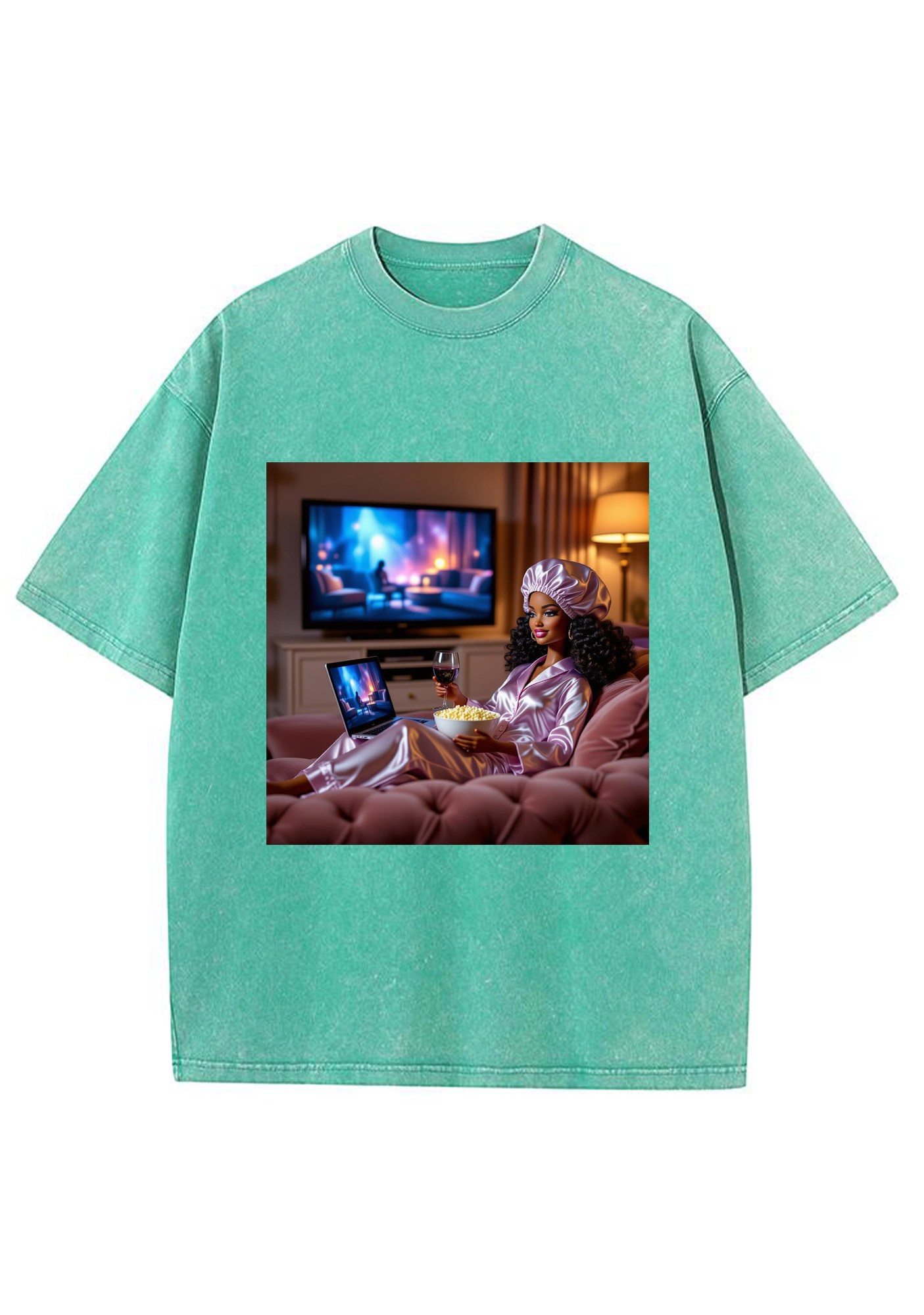 Cozy Night In Black Barbie Wine Movie Night Y2K Washed Tee