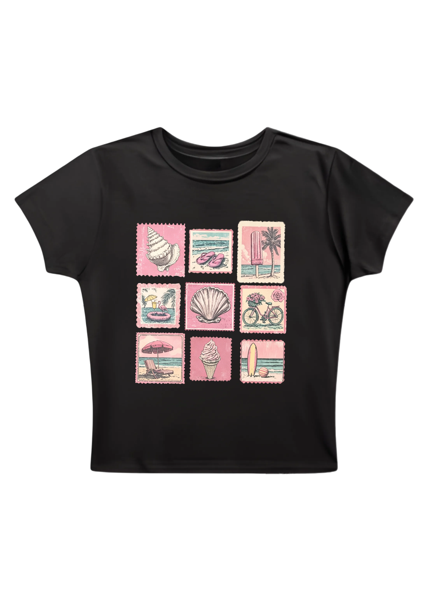 Vintage Pink Beach Stamp Collage Y2K Baby Tee