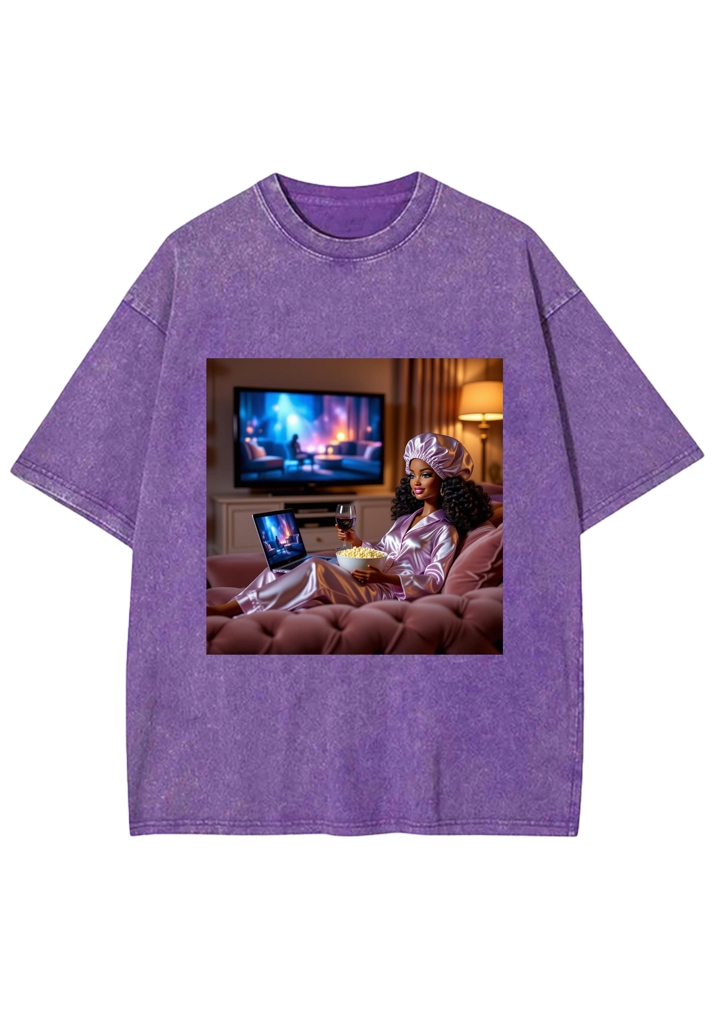 Cozy Night In Black Barbie Wine Movie Night Y2K Washed Tee