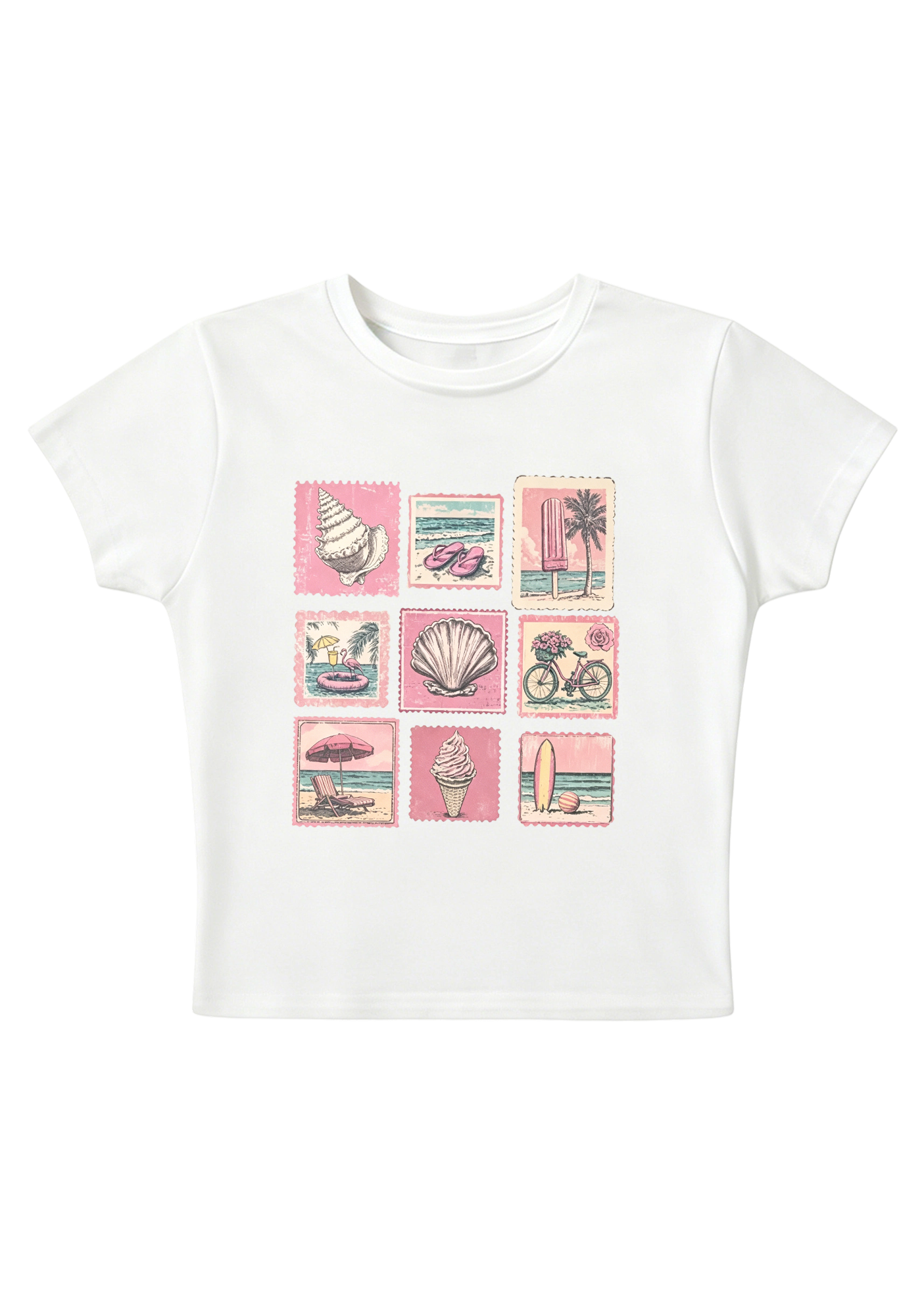 Vintage Pink Beach Stamp Collage Y2K Baby Tee