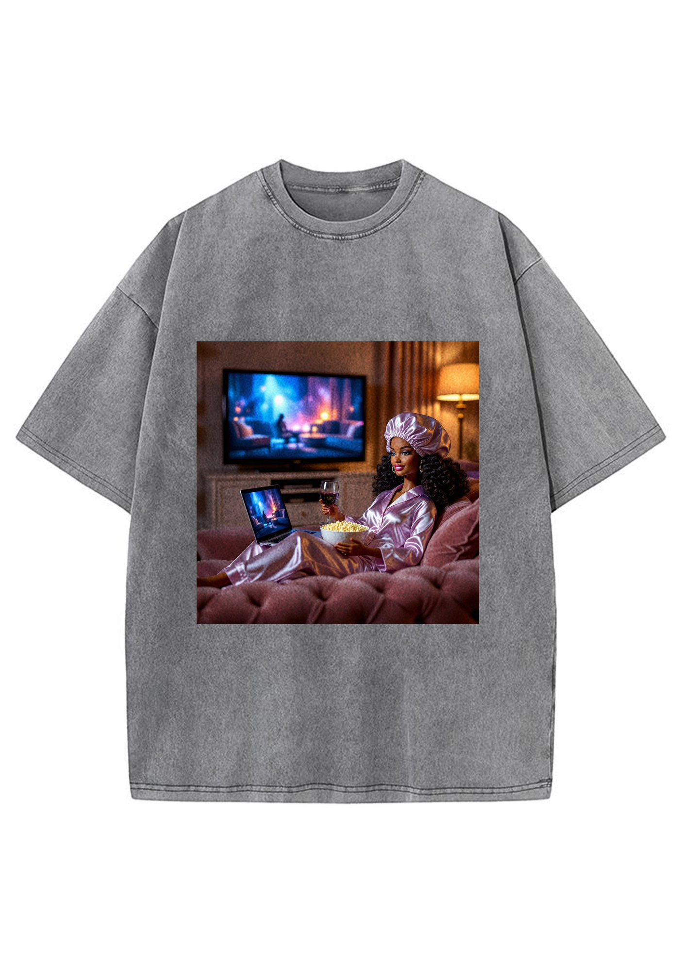 Cozy Night In Black Barbie Wine Movie Night Y2K Washed Tee