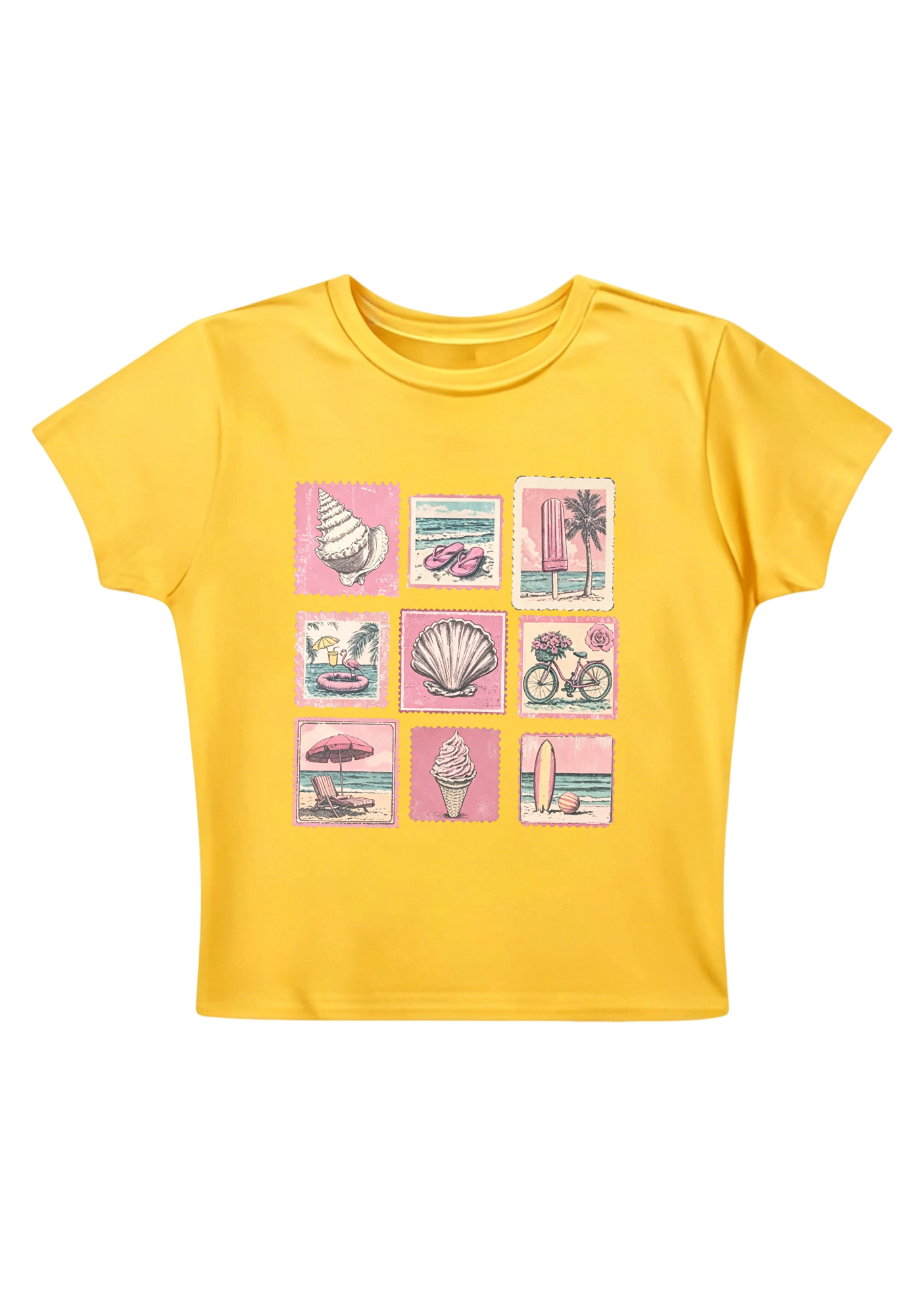 Vintage Pink Beach Stamp Collage Y2K Baby Tee