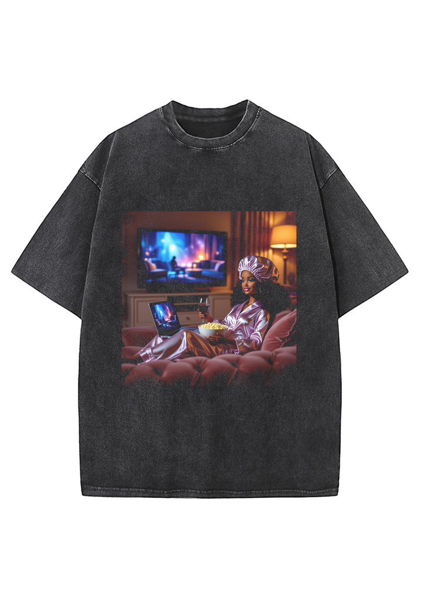 Cozy Night In Black Barbie Wine Movie Night Y2K Washed Tee