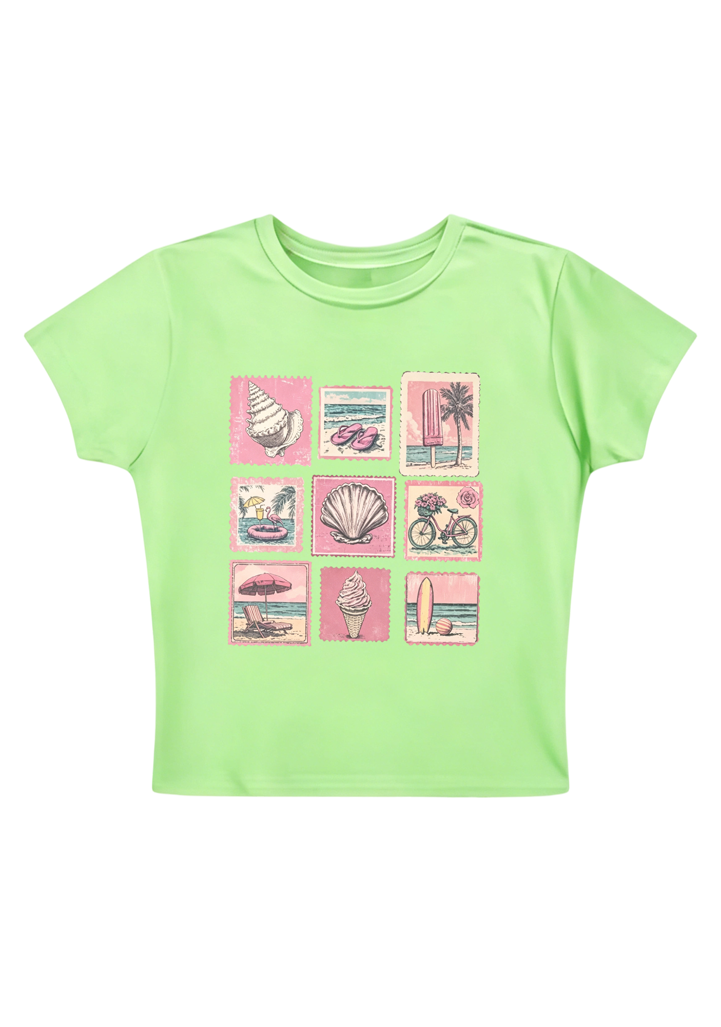 Vintage Pink Beach Stamp Collage Y2K Baby Tee