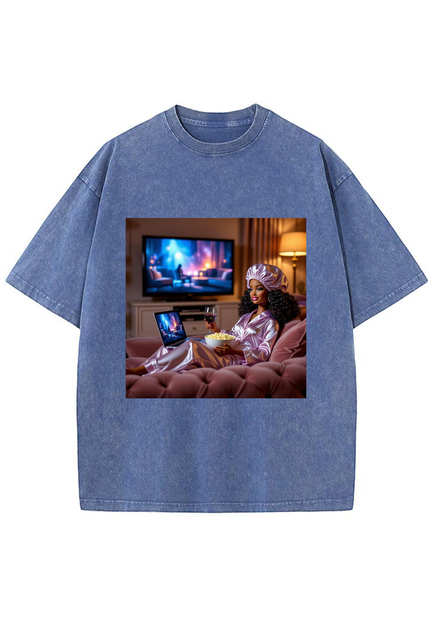 Cozy Night In Black Barbie Wine Movie Night Y2K Washed Tee