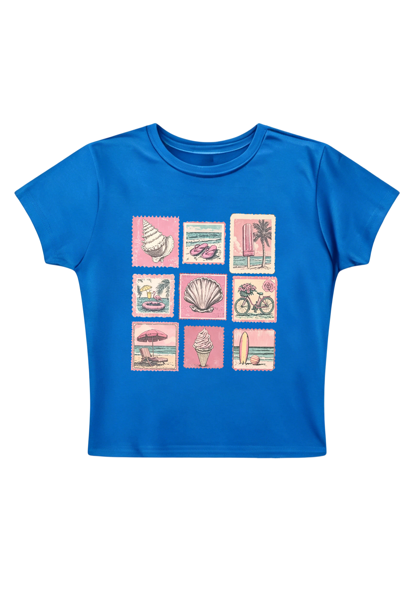 Vintage Pink Beach Stamp Collage Y2K Baby Tee