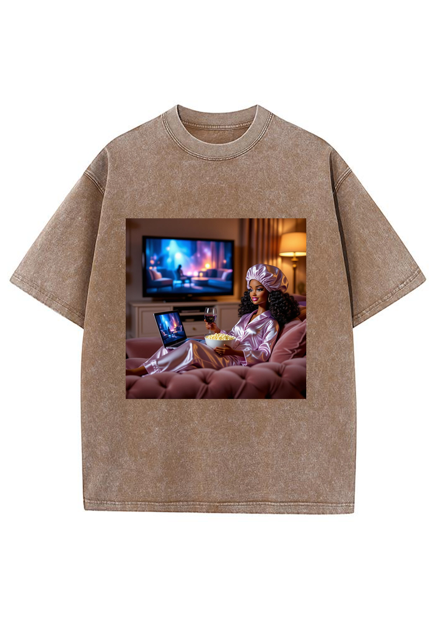 Cozy Night In Black Barbie Wine Movie Night Y2K Washed Tee