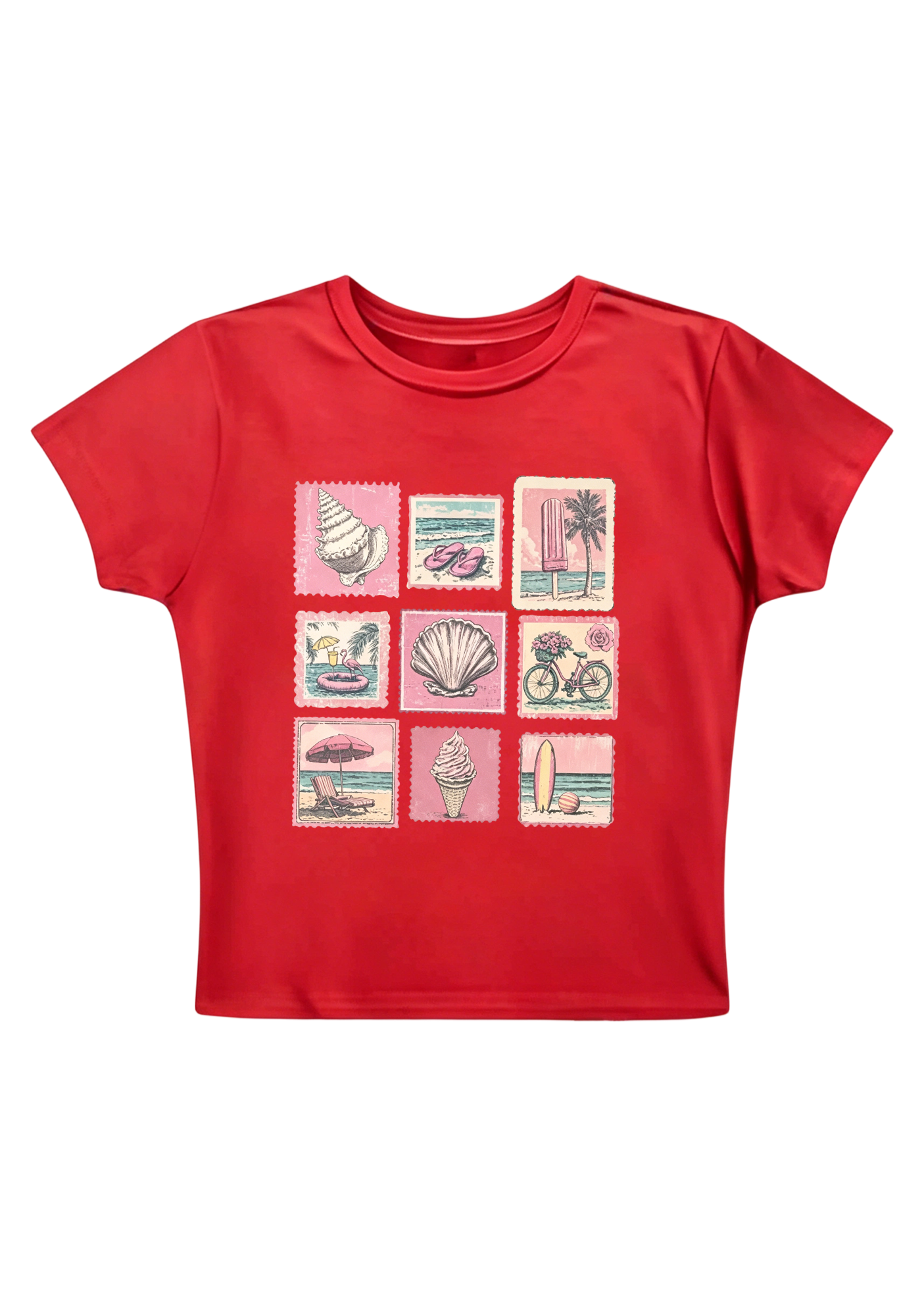 Vintage Pink Beach Stamp Collage Y2K Baby Tee