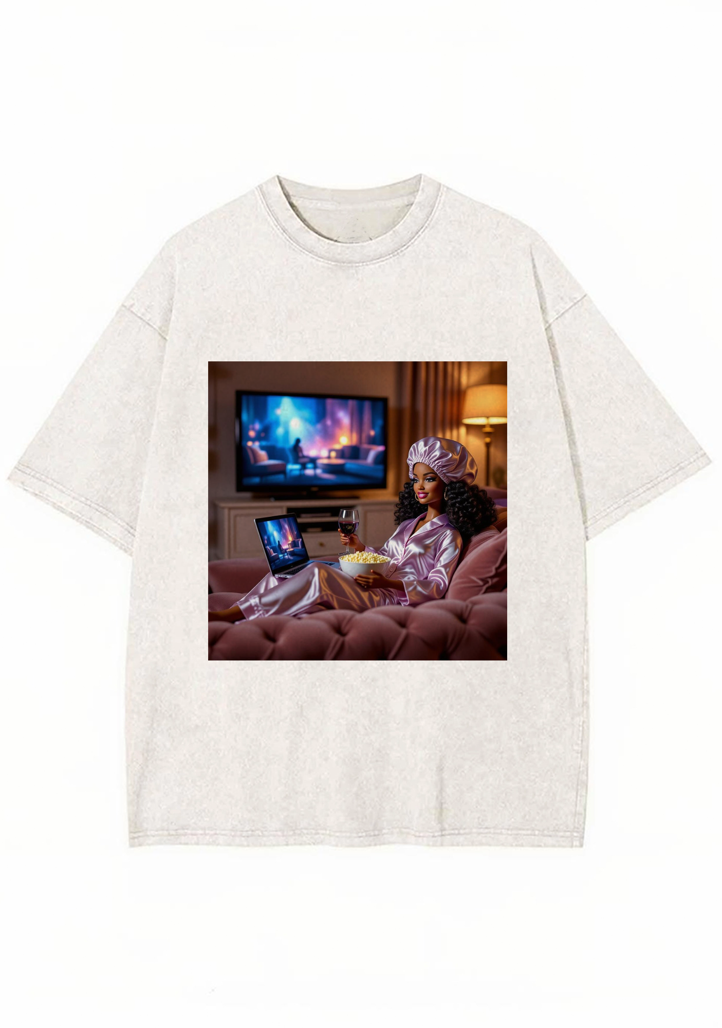 Cozy Night In Black Barbie Wine Movie Night Y2K Washed Tee