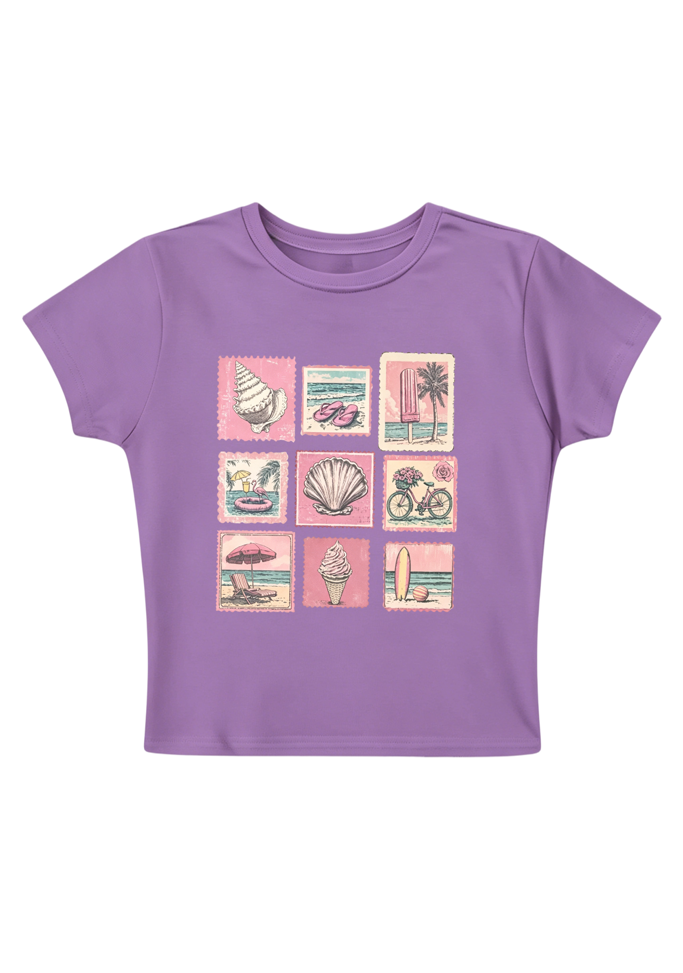 Vintage Pink Beach Stamp Collage Y2K Baby Tee