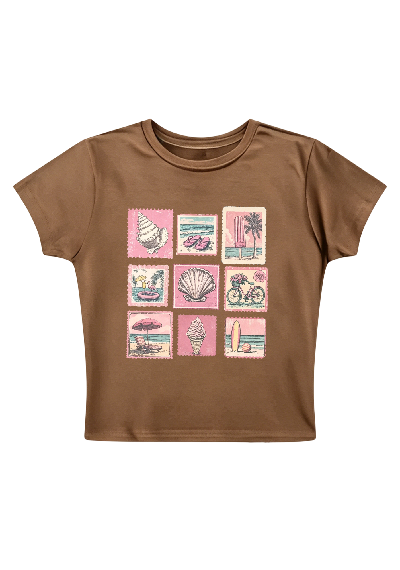 Vintage Pink Beach Stamp Collage Y2K Baby Tee