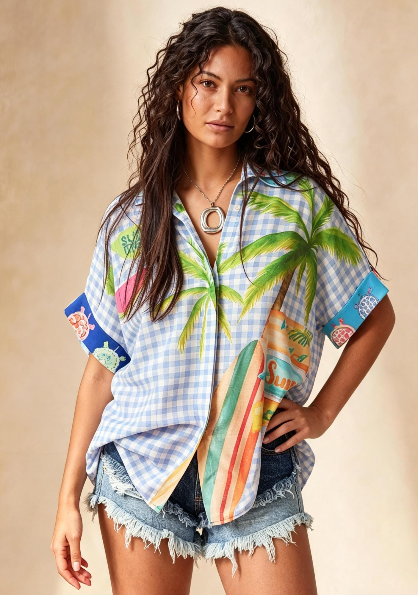 Summer Vacation Beach Graphic Button Up Shirt