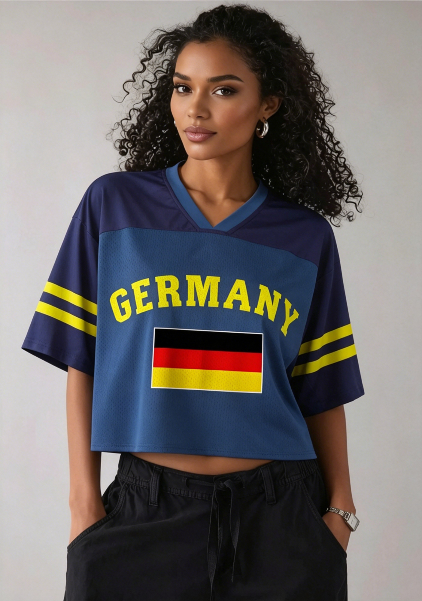 Retro Varsity Style Germany Flag Graphic Cropped Mesh Jersey Shirt