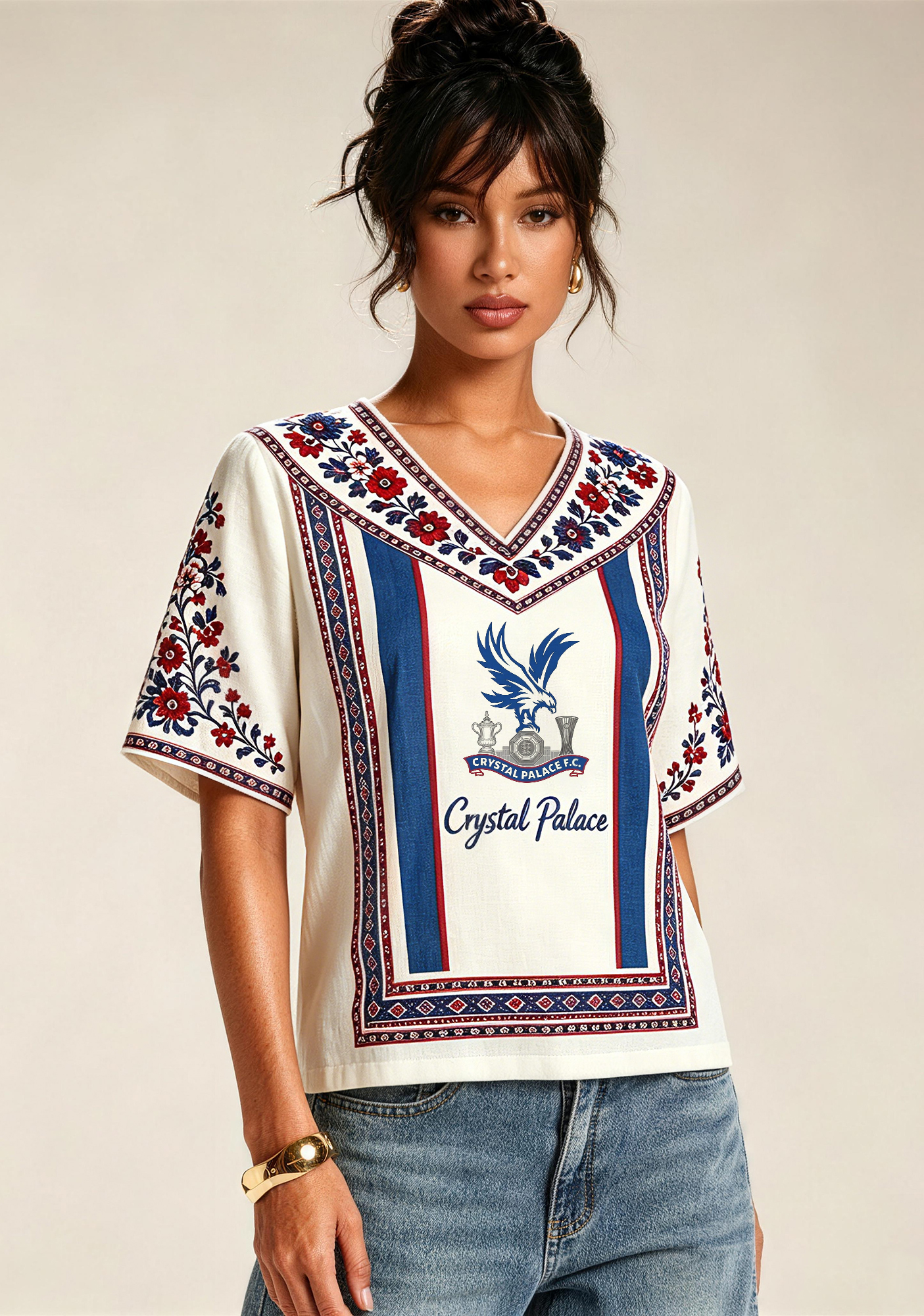 Boho Floral Border Crystal Palace V-Neck Blouse