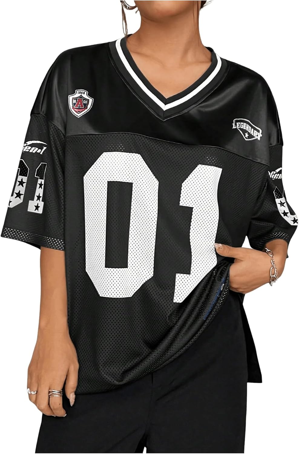 Floerns Women's Y2k Graphic Team Sports T Shirts V Neck Oversized Football Jersey Shirts Tee Tops Streetwear