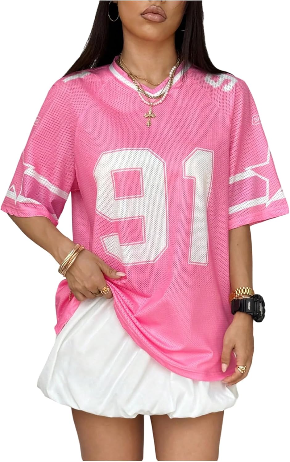  Women's Graphic Football Jersey Top V Neck Short Sleeve Loose T Shirt Streetwear