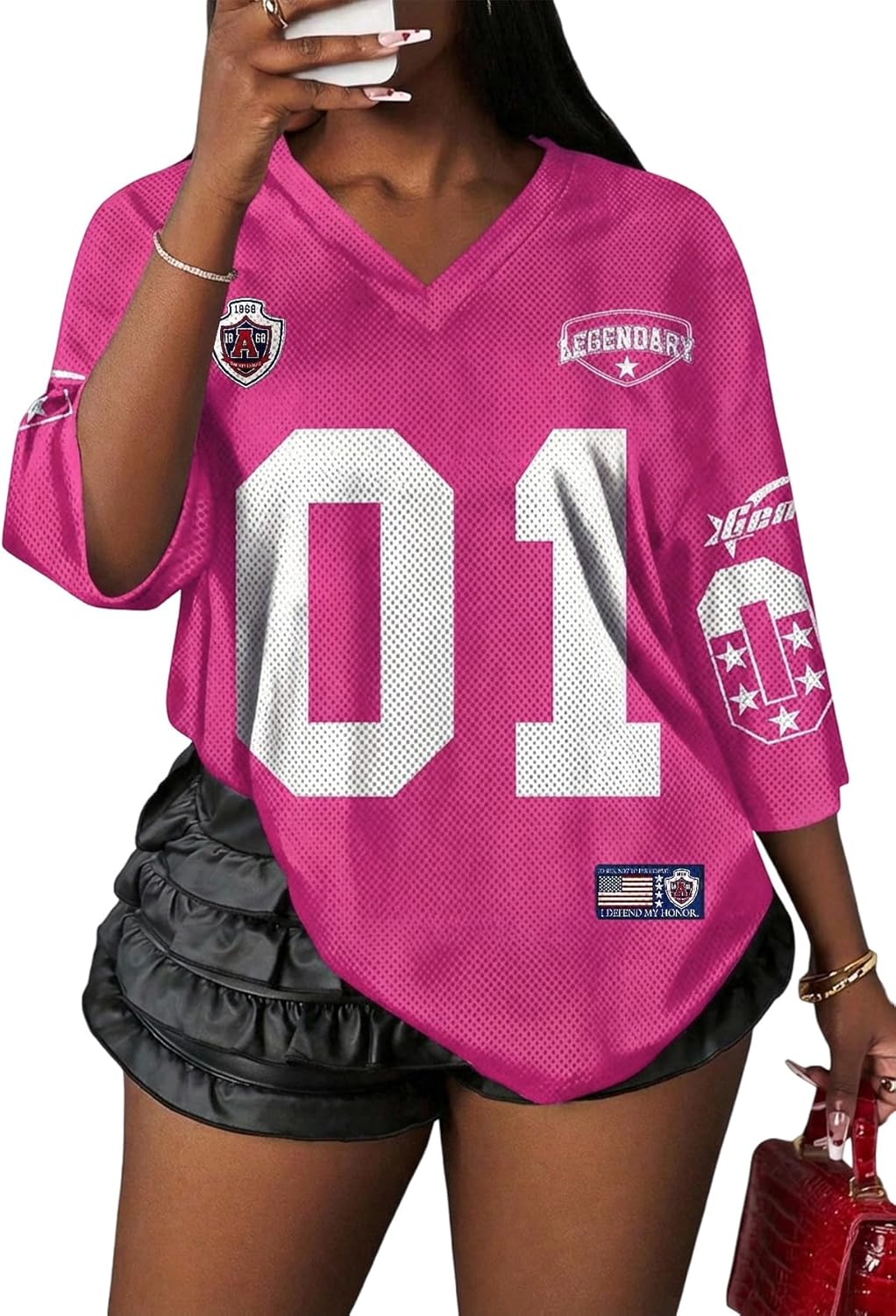 WDIRARA Women's Oversized Jersey Shirts Number Graphic Tee V Neck Half Sleeve T-Shirt Tops