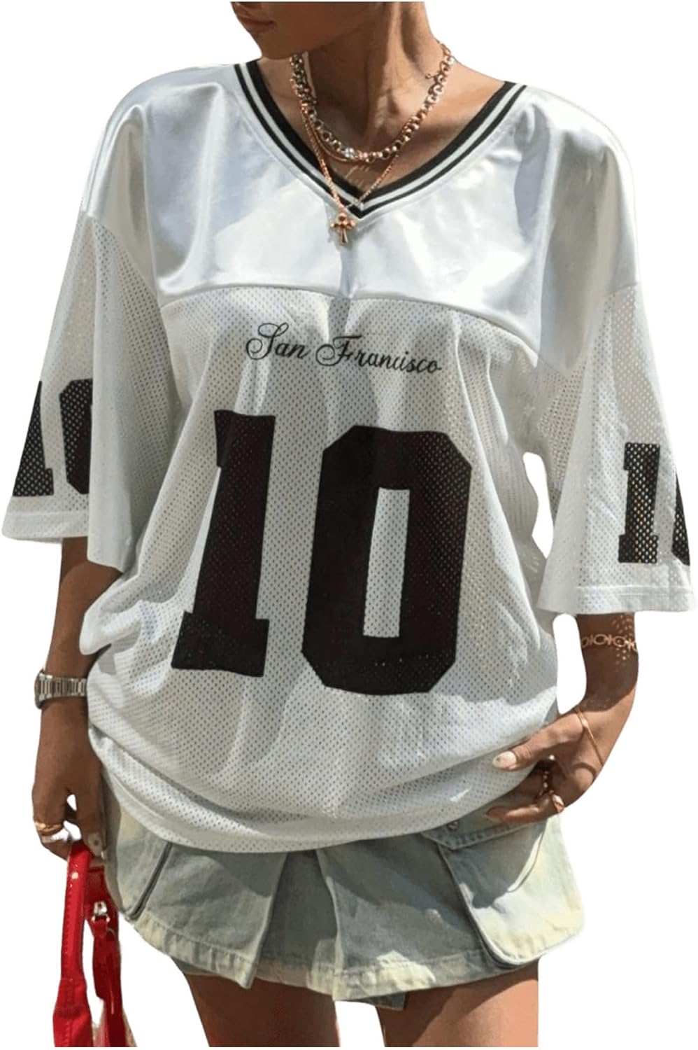 Floerns Women's Y2k Graphic Team Sports T Shirts V Neck Oversized Football Jersey Shirts Tee Tops Streetwear