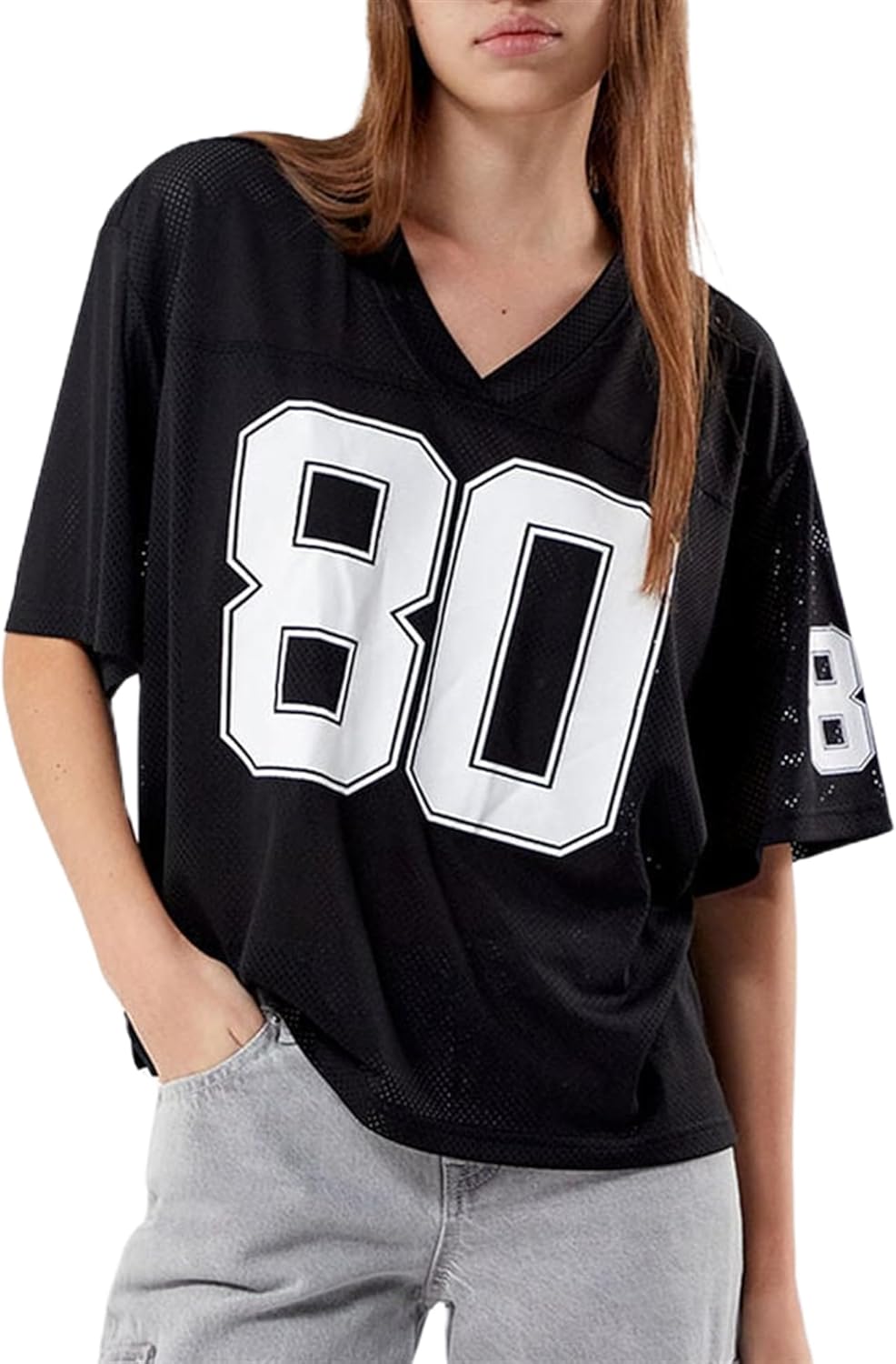 Oversized Jersey Shirts for Women Y2k Number Graphic Print V Neck Short Sleeve Aesthetic Summer T-Shirt Streetwear