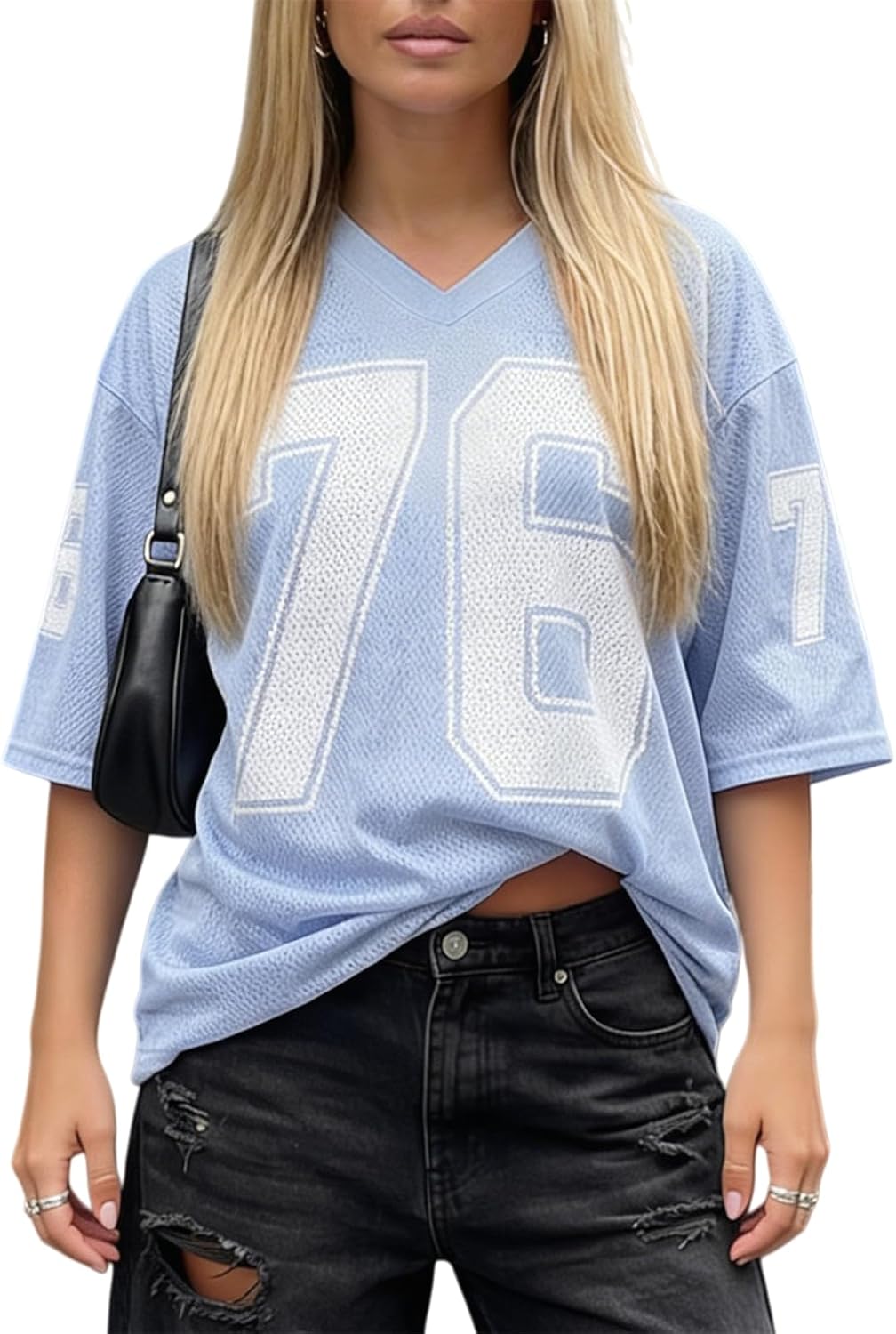 Oversized Jersey Shirts for Women Y2k Number Graphic Print V Neck Short Sleeve Aesthetic Summer T-Shirt Streetwear