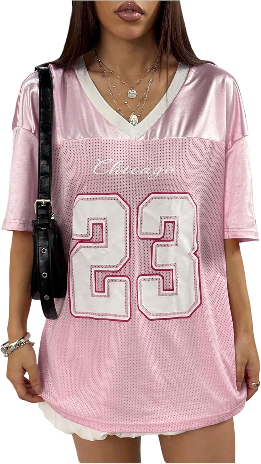 Floerns Women's Y2k Graphic Team Sports T Shirts V Neck Oversized Football Jersey Shirts Tee Tops Streetwear