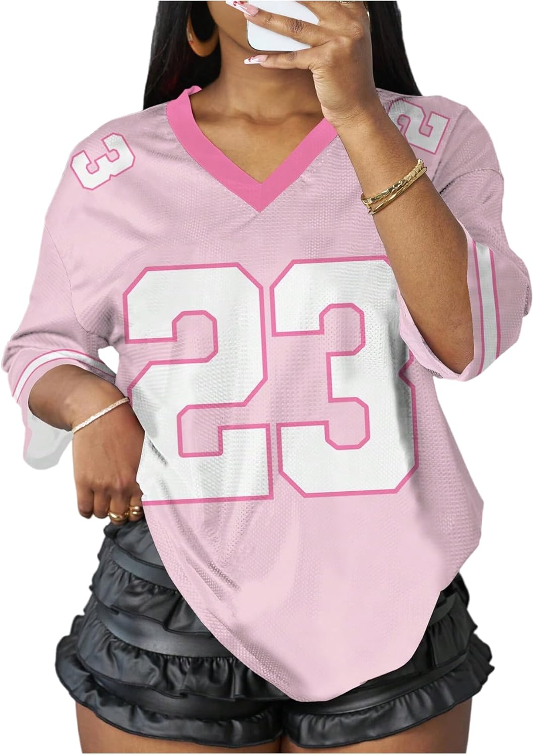 WDIRARA Women's Oversized Jersey Shirts Number Graphic Tee V Neck Half Sleeve T-Shirt Tops