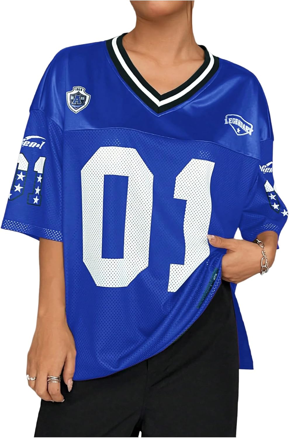 Floerns Women's Y2k Graphic Team Sports T Shirts V Neck Oversized Football Jersey Shirts Tee Tops Streetwear
