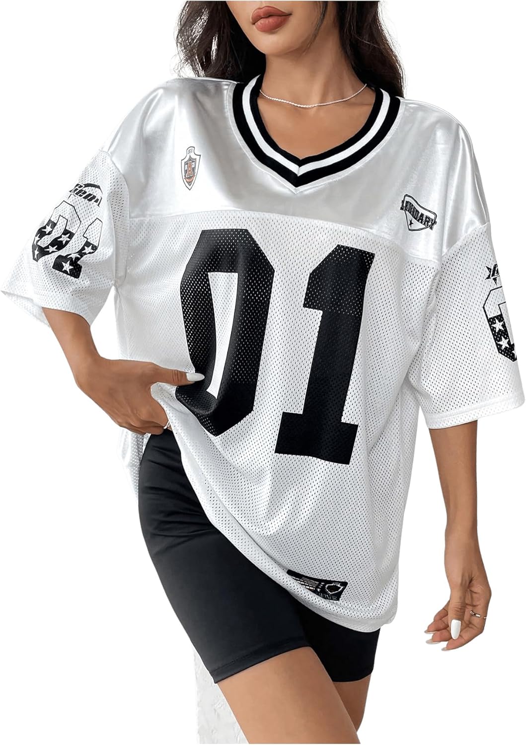 Floerns Women's Y2k Graphic Team Sports T Shirts V Neck Oversized Football Jersey Shirts Tee Tops Streetwear