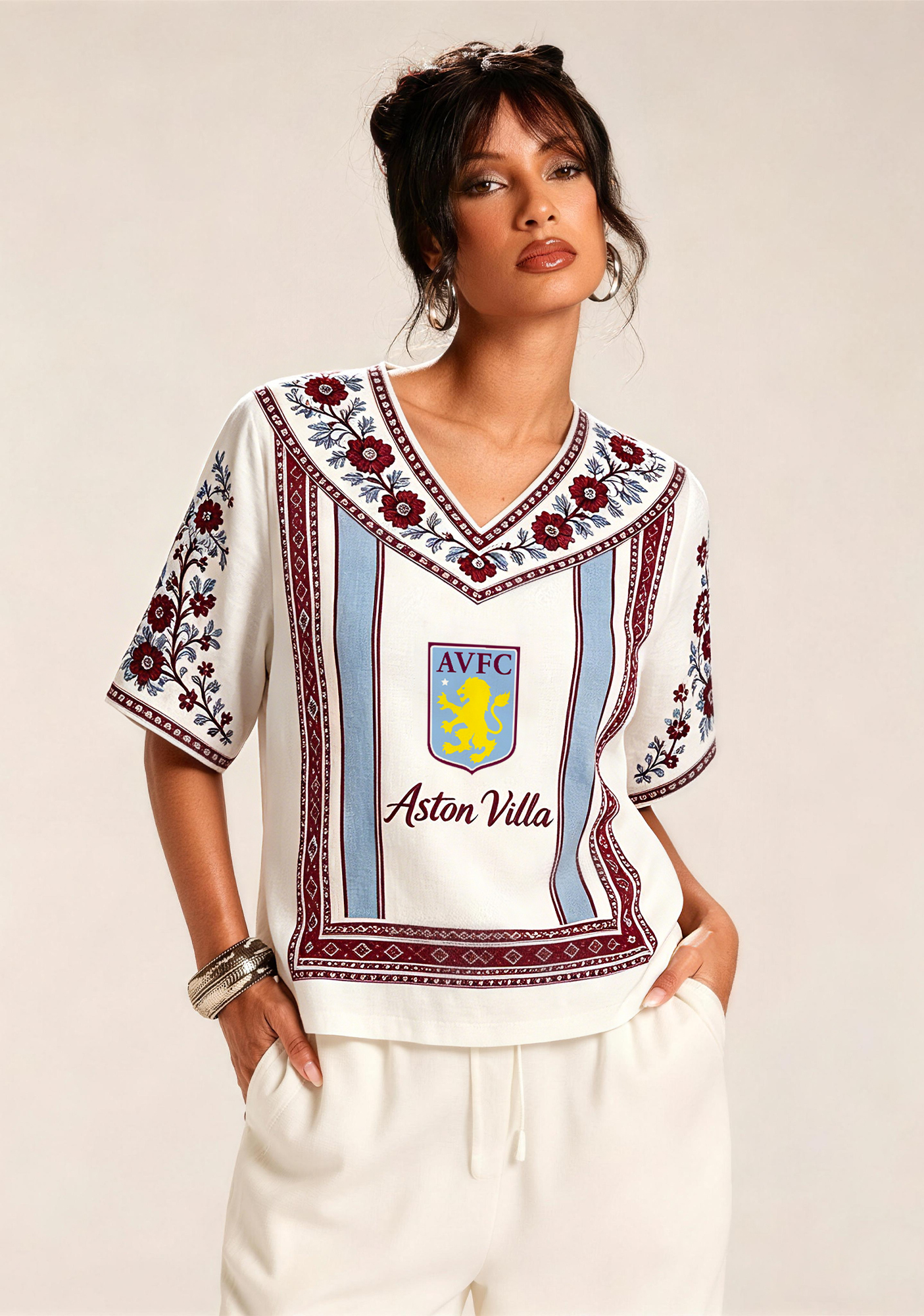 Boho Floral Border Aston Villa V-Neck Blouse