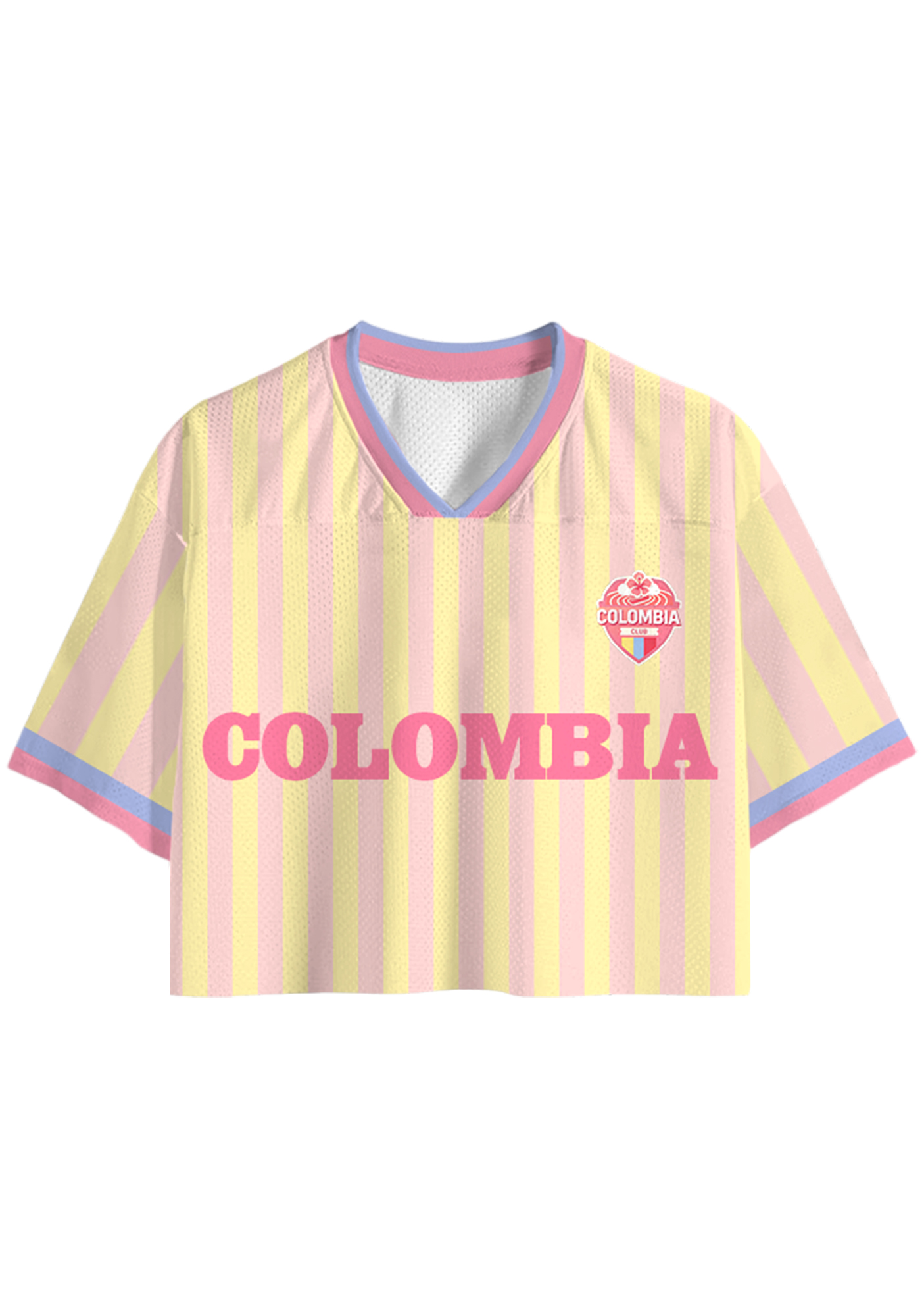 Pastel Pink Yellow Striped Colombia Cropped Jersey Shirt