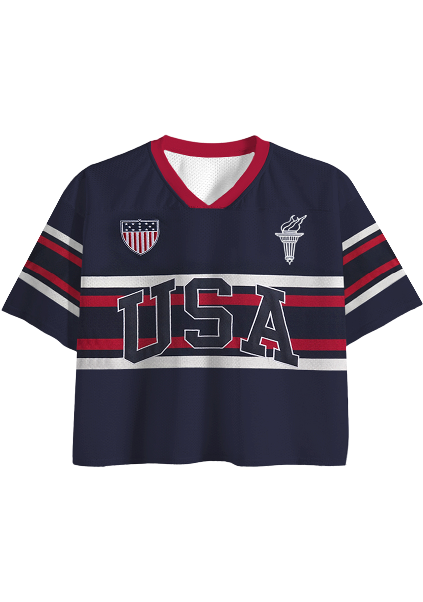 Navy Red Striped USA Cropped Mesh Jersey Shirt