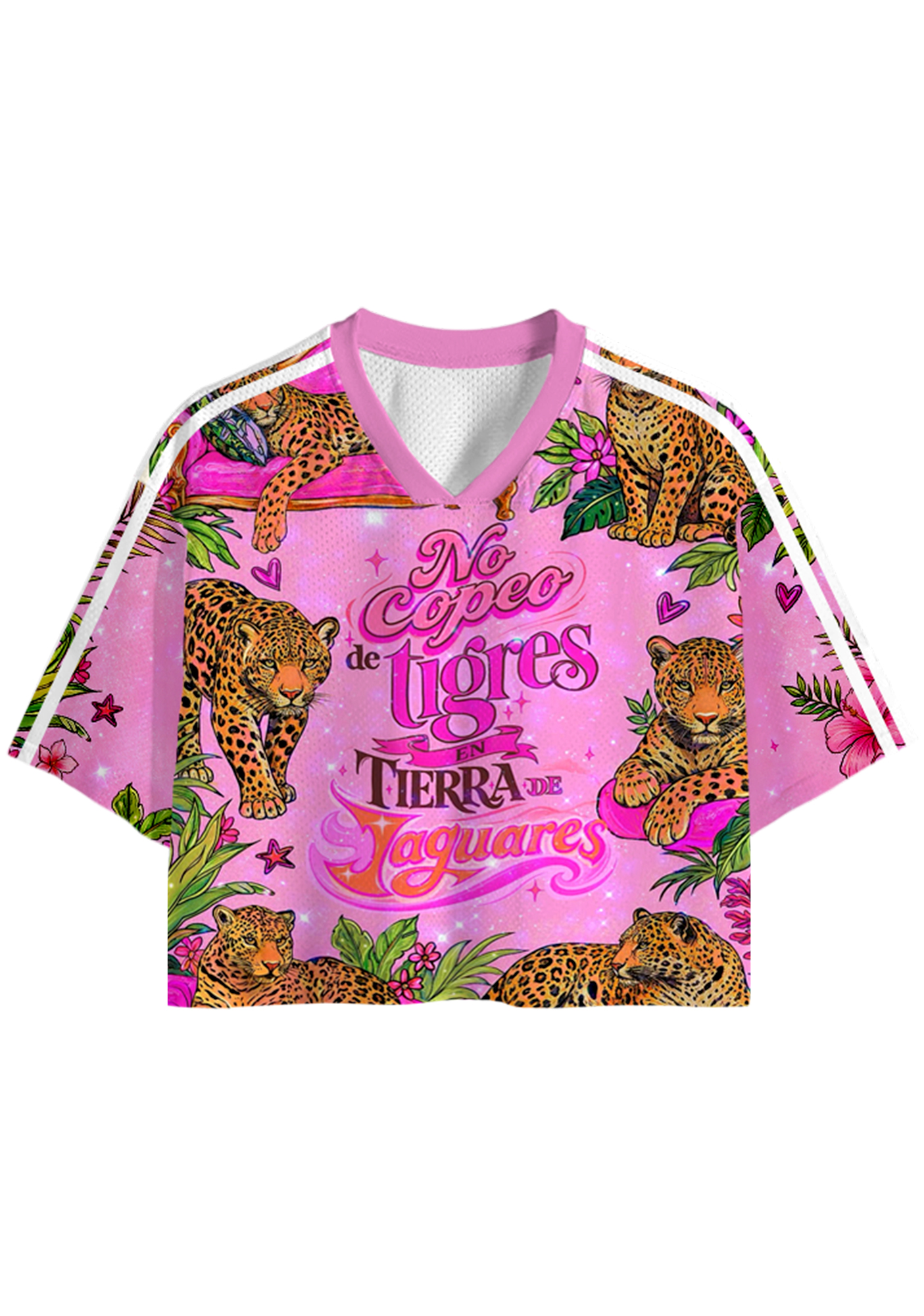 Pink Jaguar Tropical Print No Copeo De Tigres Cropped Jersey Shirt