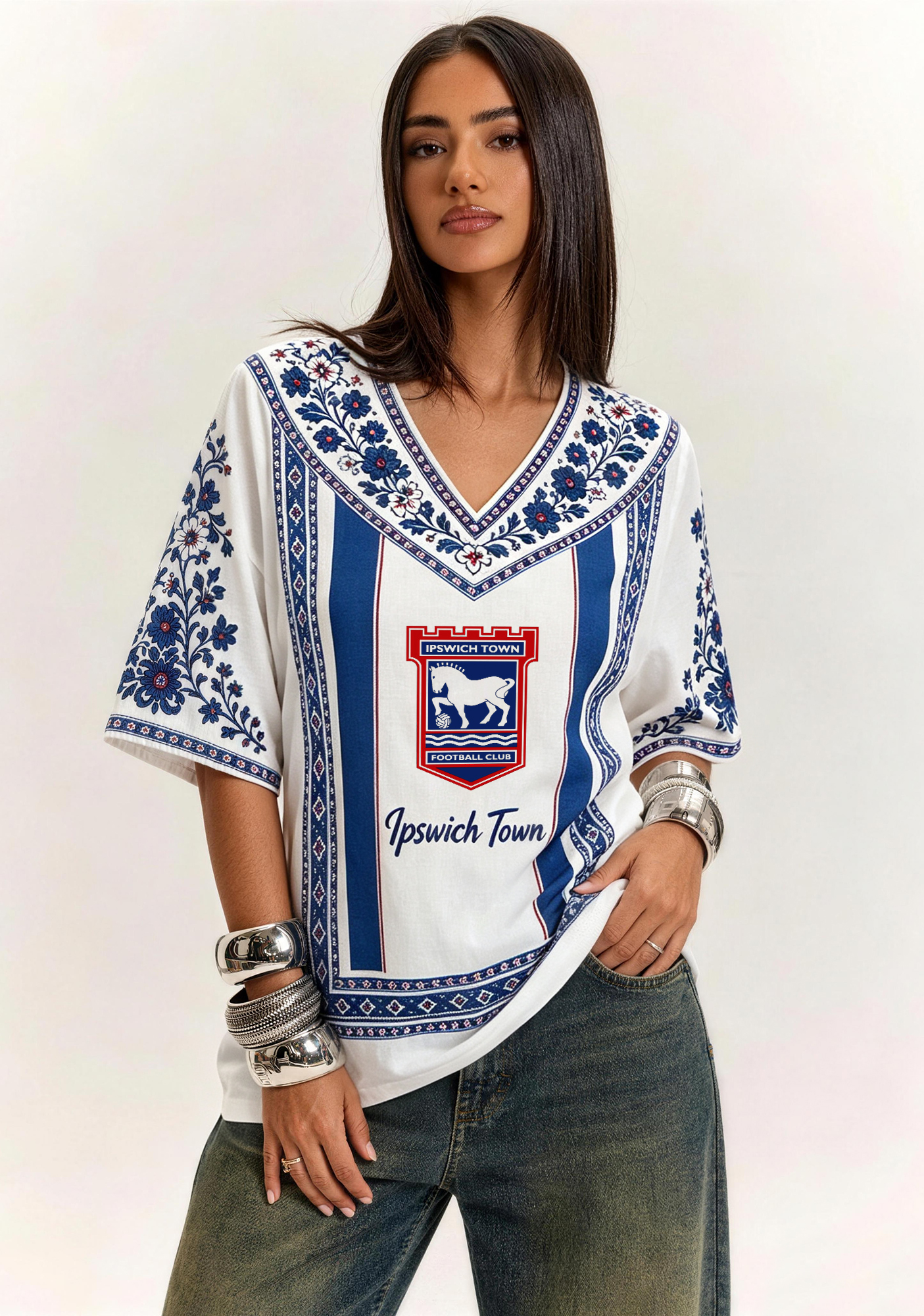 Boho Ipswich Town Folk Floral V-Neck Blouse