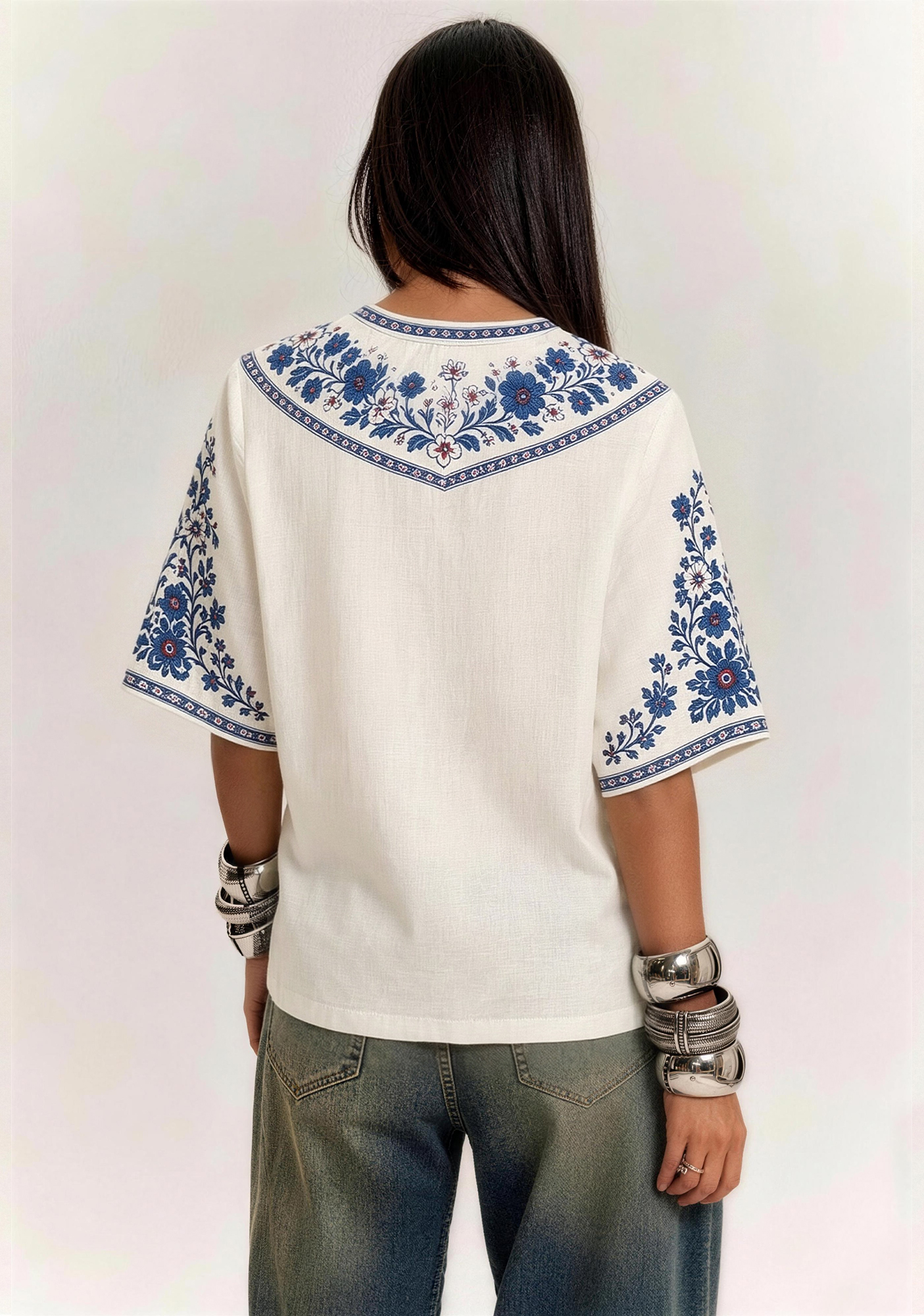 Boho Ipswich Town Folk Floral V-Neck Blouse