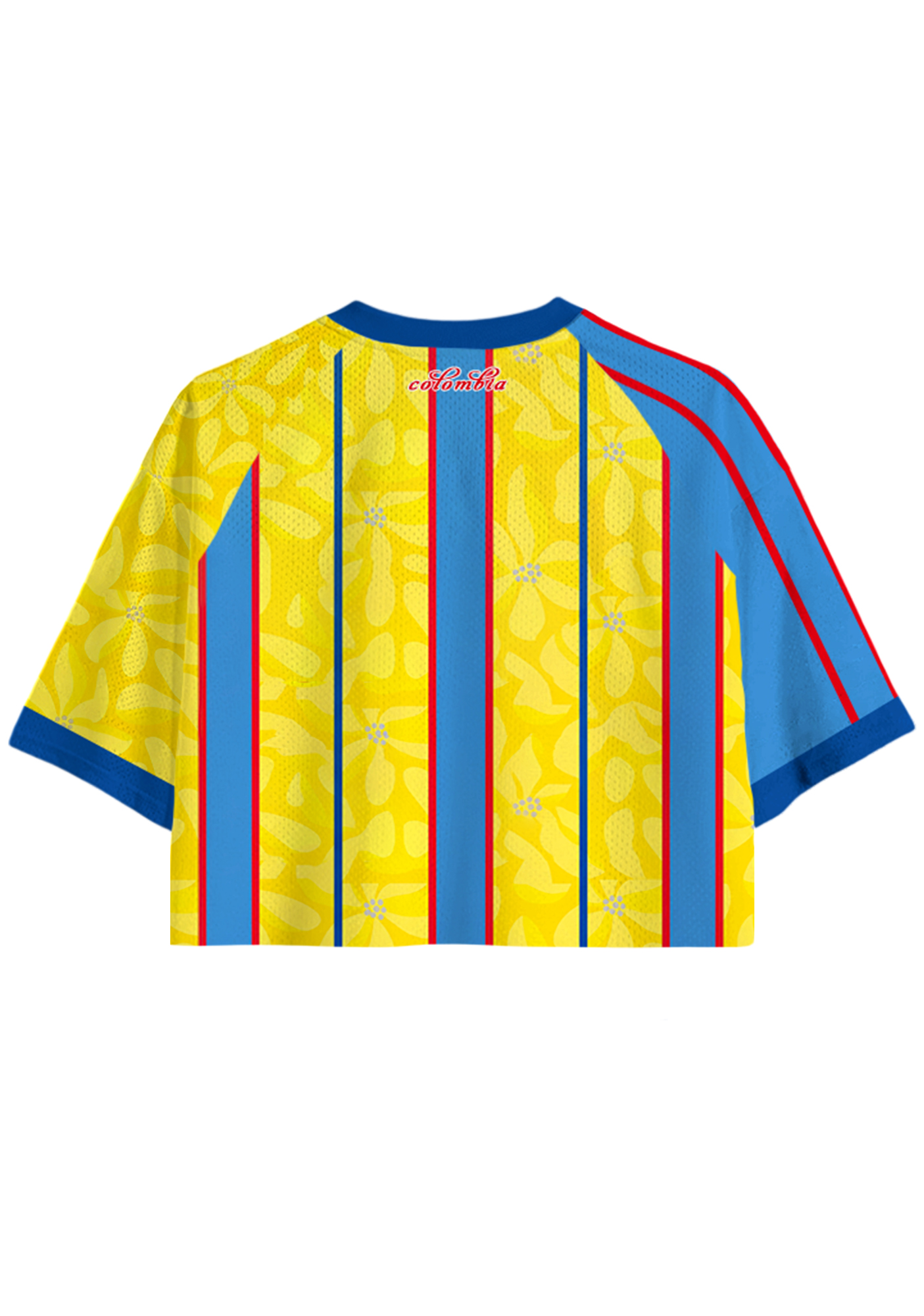Bright Yellow Floral Blue Red Vertical Stripe Cropped Jersey Shirt