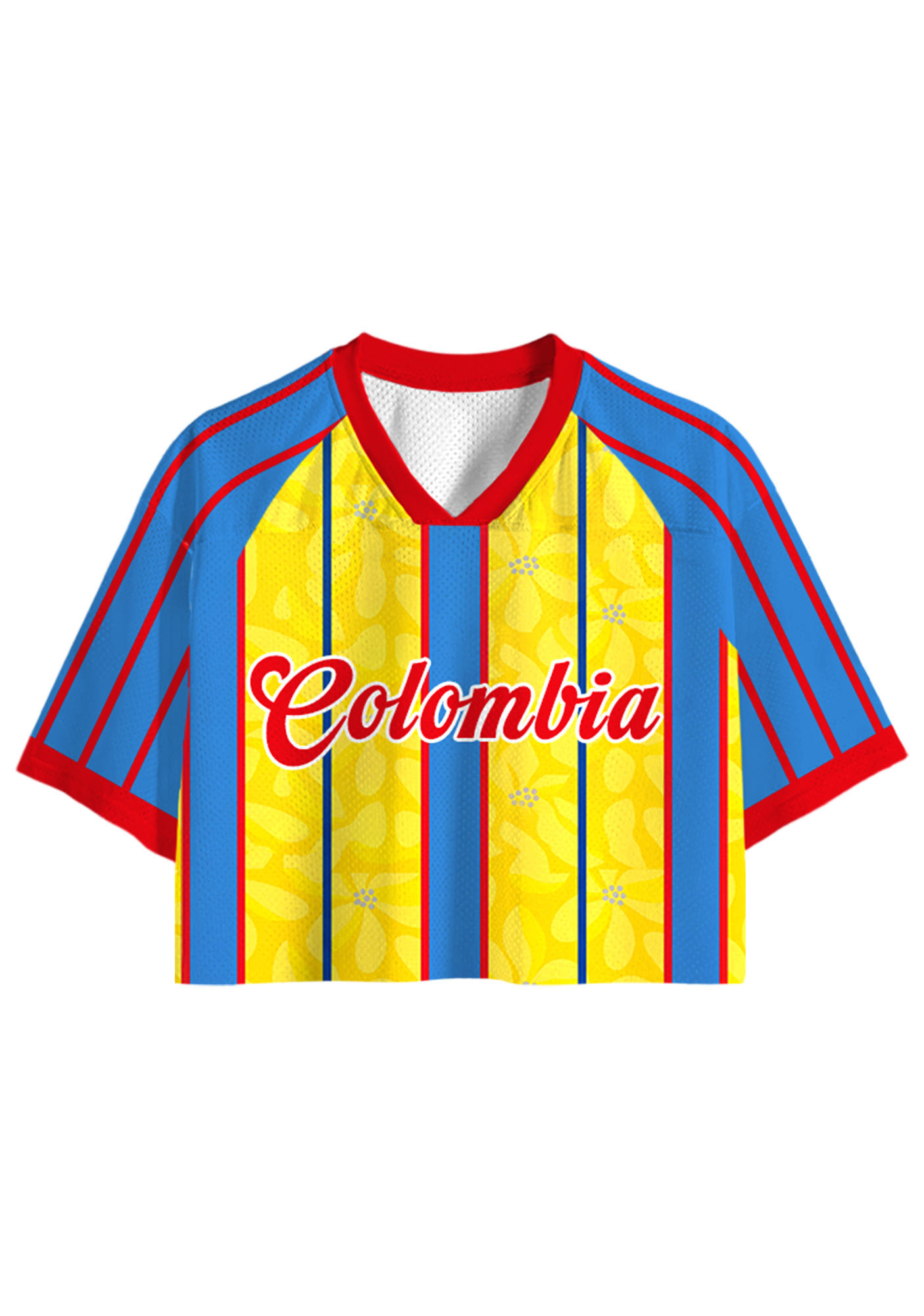 Red Trim Colombia Floral Stripe Cropped Jersey Shirt