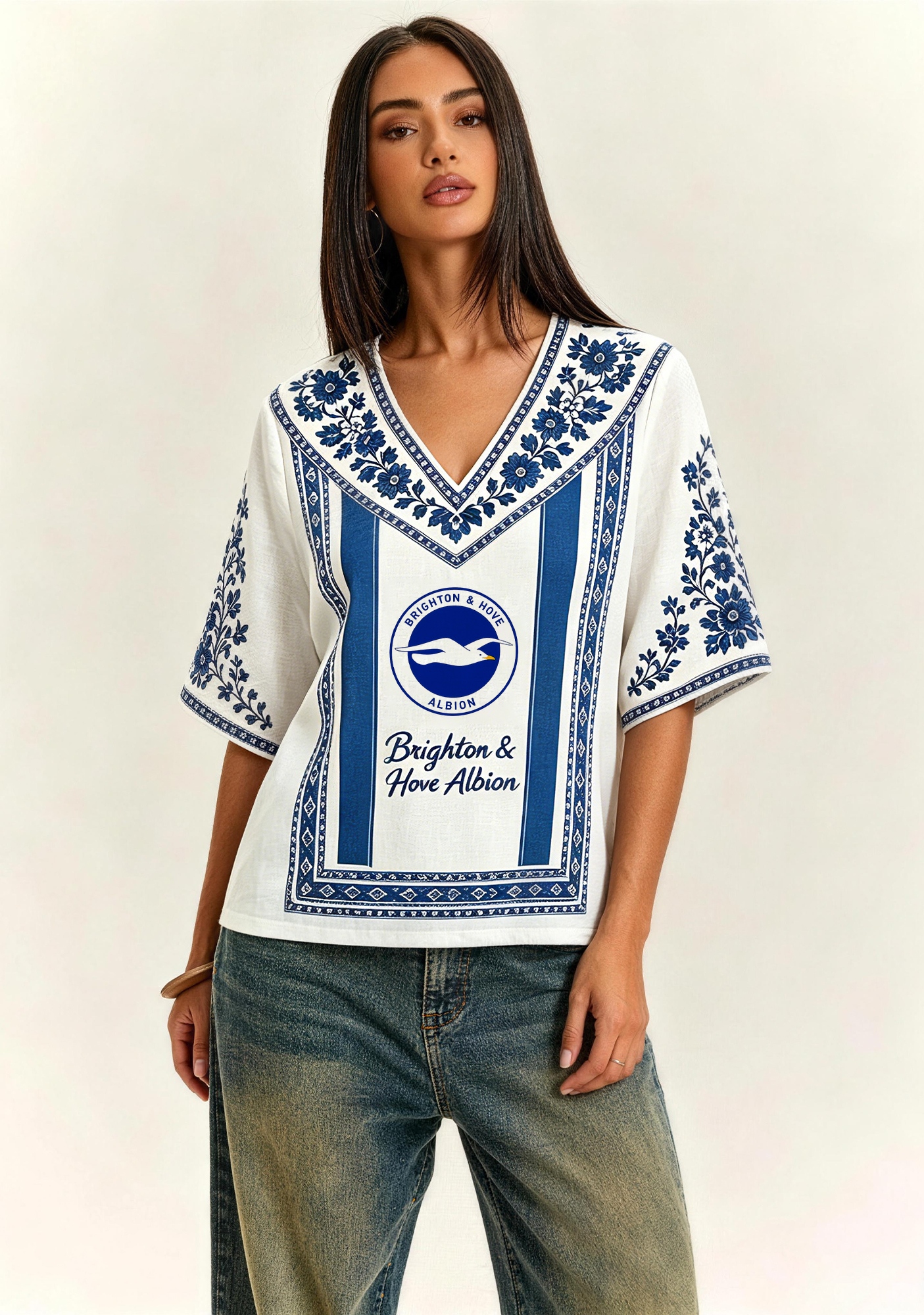 Boho Brighton & Hove Albion Crest Floral V-Neck Blouse