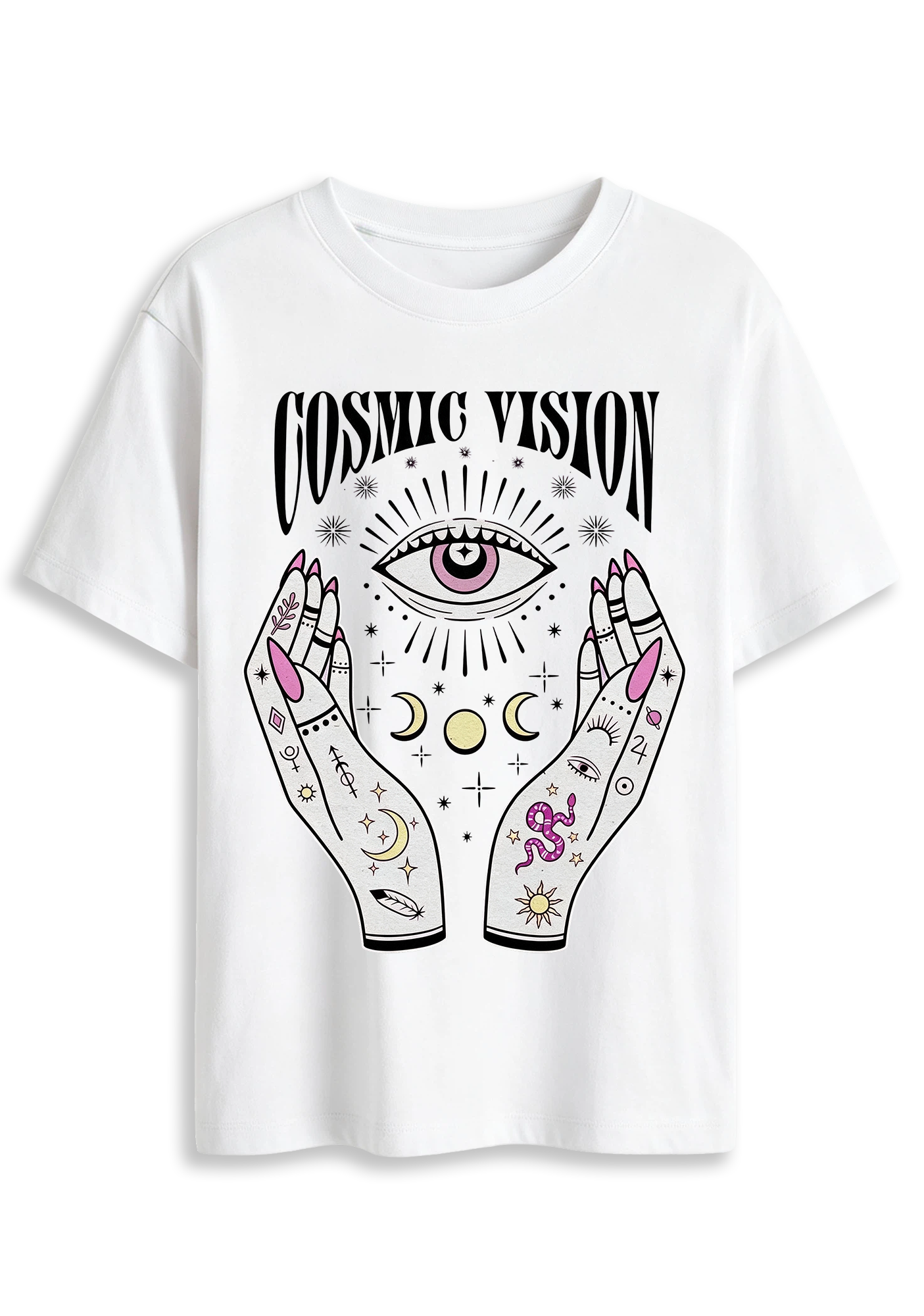 Cosmic Vision Fortune Hands Eye Snake Moon Planet Graphic T-Shirt