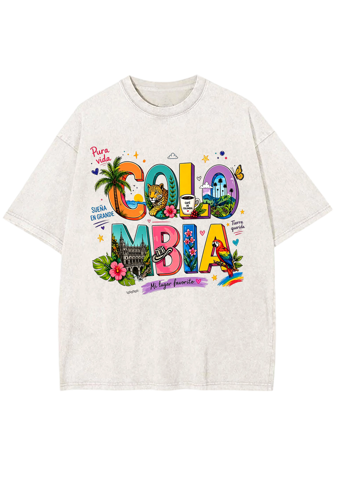 Colorful Colombia Culture Fill Letter Washed Tee
