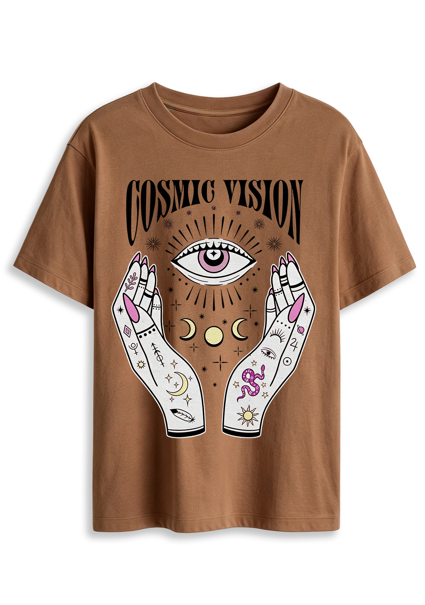 Cosmic Vision Fortune Hands Eye Snake Moon Planet Graphic T-Shirt